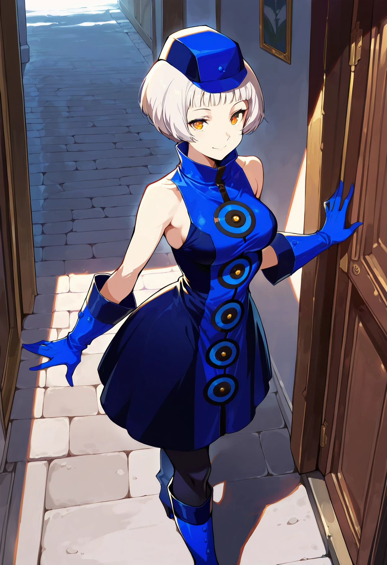 (masterwork, masterpiece, best quality, hyper-detailed :1.3),
1 girl, solo,
p3elizabeth, short hair, bob cut, white hair, blunt bangs,
p3elizabeth-dress, hat, sleeveless dress, blue dress, bare shoulders, gloves, blue gloves, pantyhose, black pantyhose, boots, blue footwear
looking at viewer, faint smile,