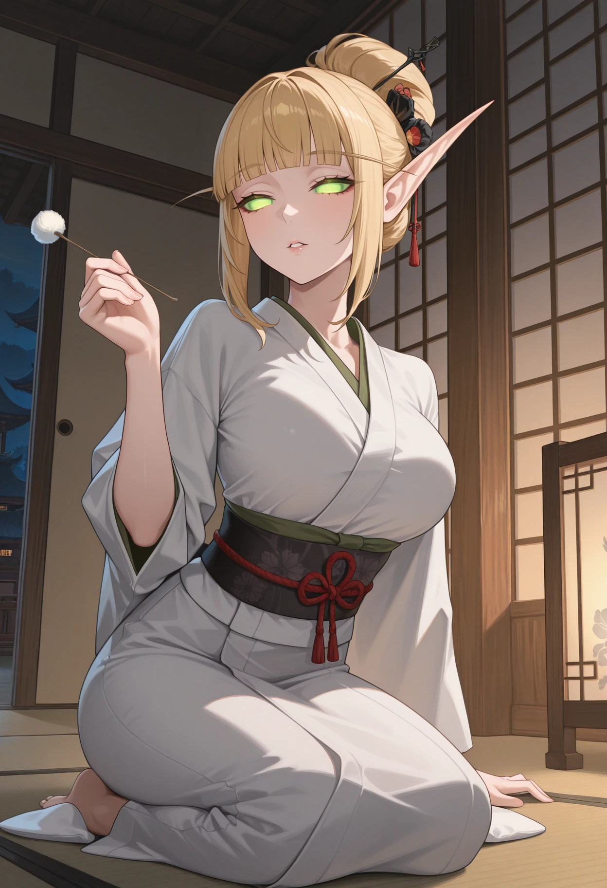 masterpiece, best quality, absurdres, highres, newest, 1girl, solo, <lora:bloodelf-wc-richy-v1_ixl:1> bldelf, pointy ears, colored sclera, glowing eyes, no pupils, no eyes, green eyes, blonde hair,
half-closed eyes, blunt bangs, parted lips, kneeling, kimono, mimikaki, sitting, indoors, east asian architecture, holding, dark, night