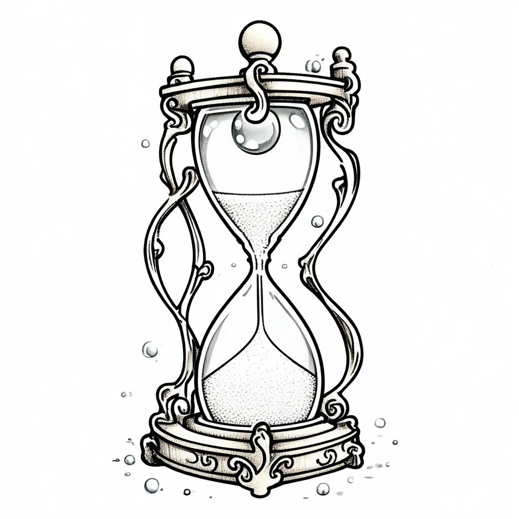 ArsMJStyle, Whimsical Mechanica, Line Drawing, The image is a black and white illustration of an hourglass. The hourglass is in the shape of a traditional hourglass with a round base and a narrow neck. The top of the hourglass has a crown-like design with intricate details and swirls. The base is decorated with a floral pattern and has a small opening at the top. The sand is slowly trickling down from the top chamber to the bottom chamber creating a small amount of sand. The overall style of the illustration is ornate and detailed., monochrome, no humans, white background, greyscale, simple background, bubble, air bubble