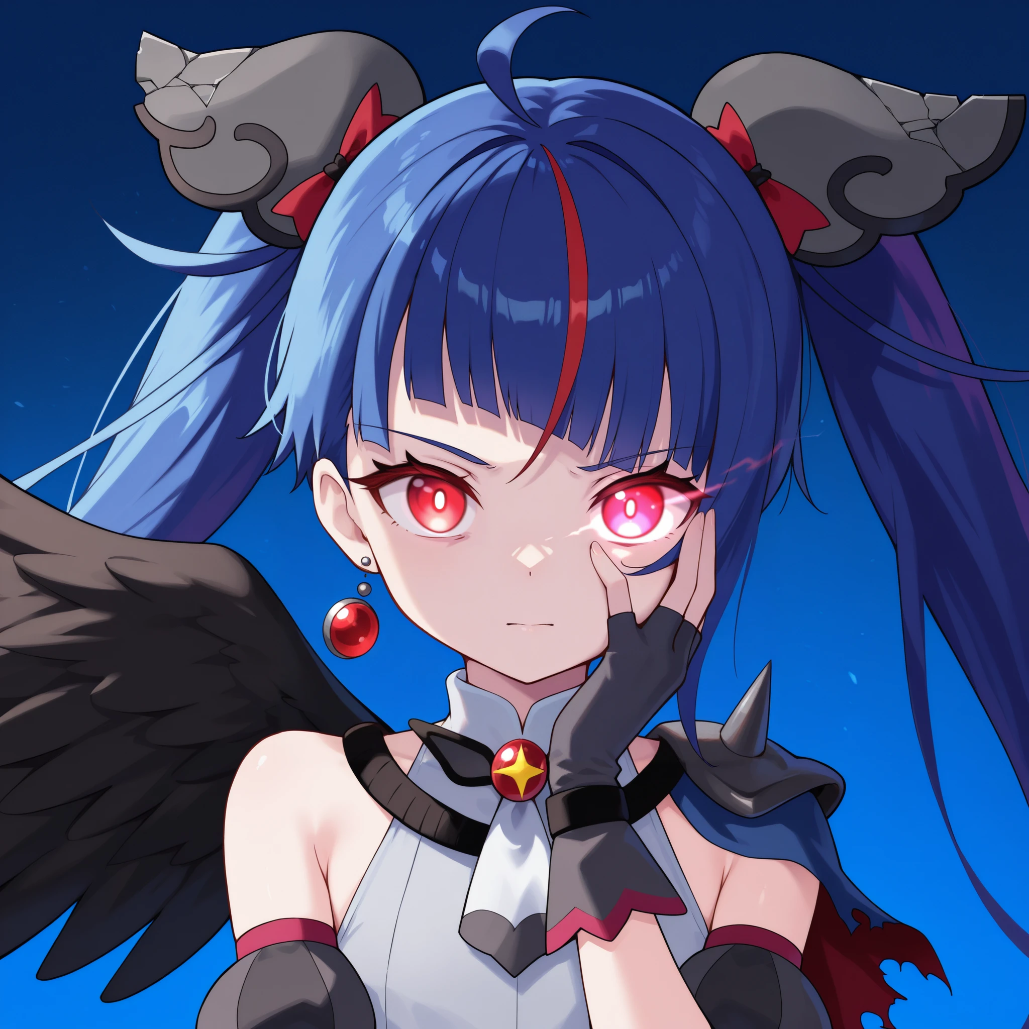 1girl, curesky-dark, general,
broken hair ornament, single earring,
brooch, grey dress, puffy detached sleeves, single wing, bare shoulders, spikes, torn cape,
black fingerless gloves,
flat chest, dark blue hair,
red eyes, glowing eye,
serious:1.1, closed mouth, looking at viewer,
headshot portrait:1.25, straight-on,
standing, hand on face, hand up,
(dark theme, gradient background, blue background, simple background)
masterpiece, best quality, amazing quality, newest
<lora:ill_curesky-dark:1>