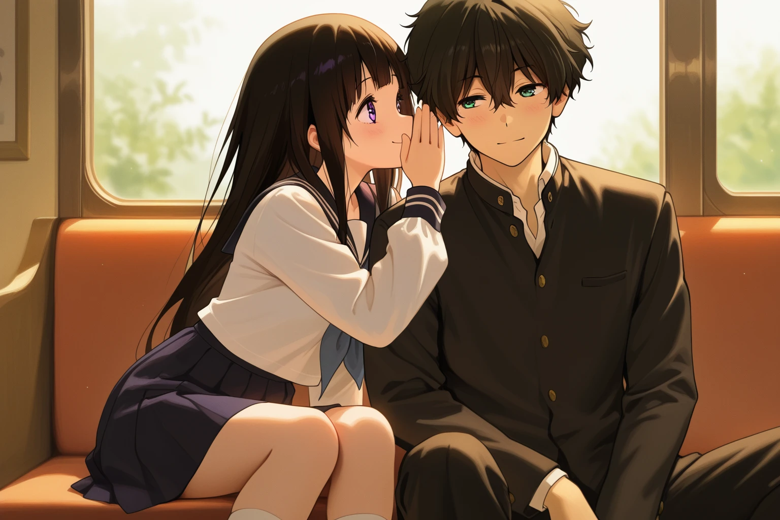 masterpiece, best quality, absurdres, safe
1girl, 1boy, oreki houtarou, sitting, chitanda eru, whispering in ear, smile, looking at another
<lora:whispering_in_ear_il_2_left_to_right:1>