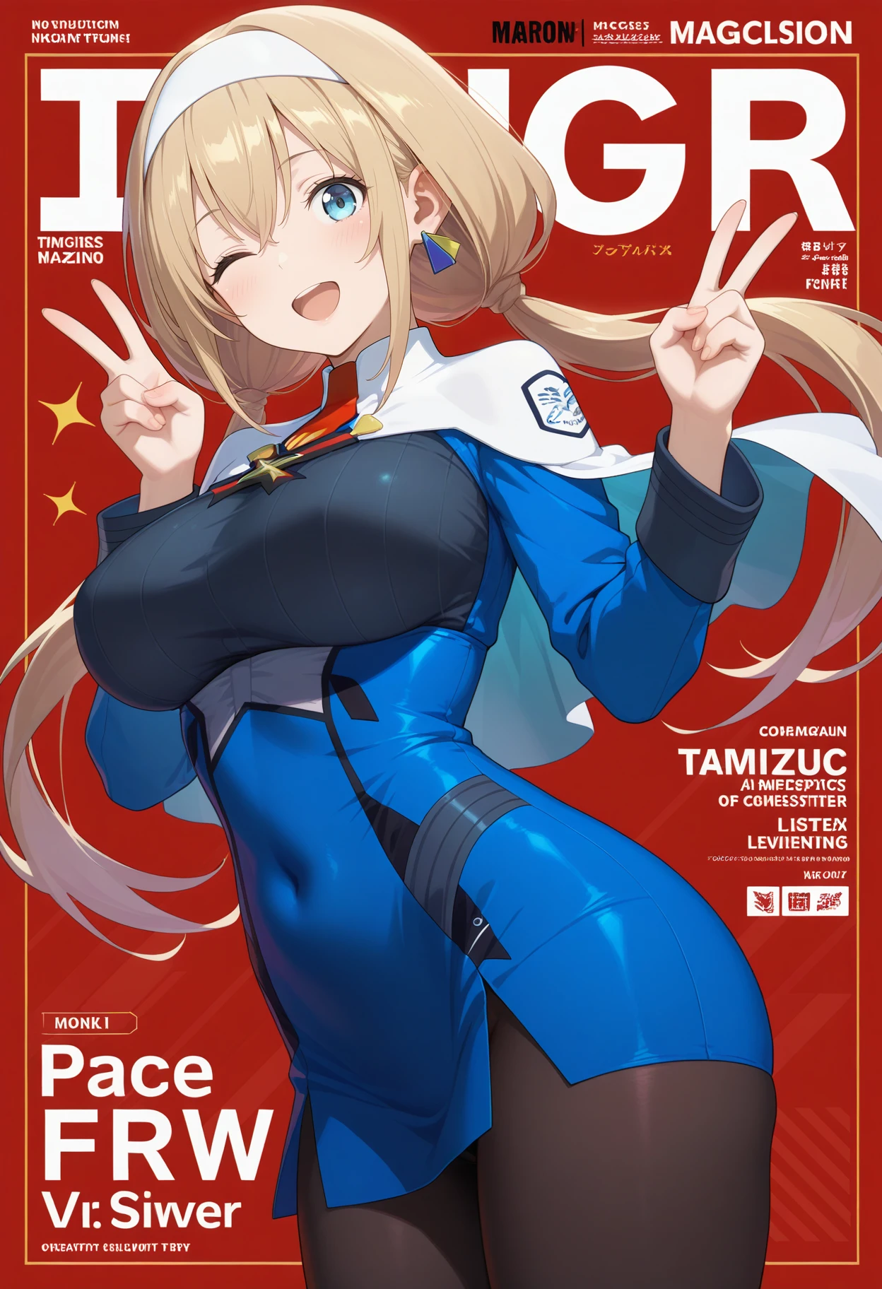 best quality, good quality, amazing quality, very aesthetic, absurdres, masterpiece, 1girl, aamitsuba, long hair, blonde hair, low twintails, white hairband, triangle earrings, blue eyes, breasts, uniform, white capelet, red necktie, underbust, blue dress, long sleeves, black pantyhose, <lora:mitsuba_greyvalley_ilxl_v1:0.9>, peace sign, one eye closed, smile, open mouth, magazine cover,