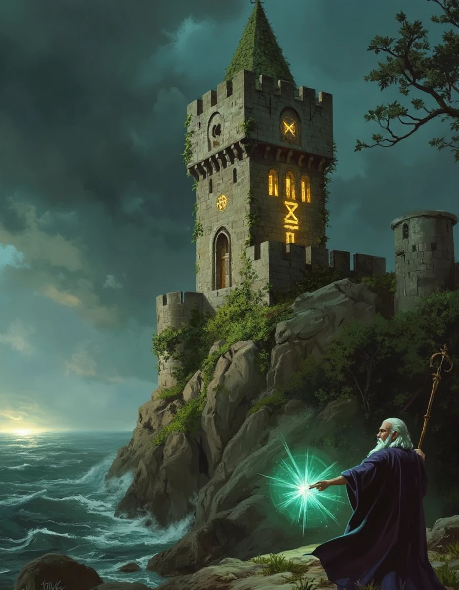 fantasy painting of a wizard’s tower perched on a cliff overlooking a stormy sea. The tower is ancient and covered in ivy, with glowing runes and magical symbols etched into the stone. In the foreground, the wizard, dressed in flowing robes and holding a staff, is seen casting a powerful spell.