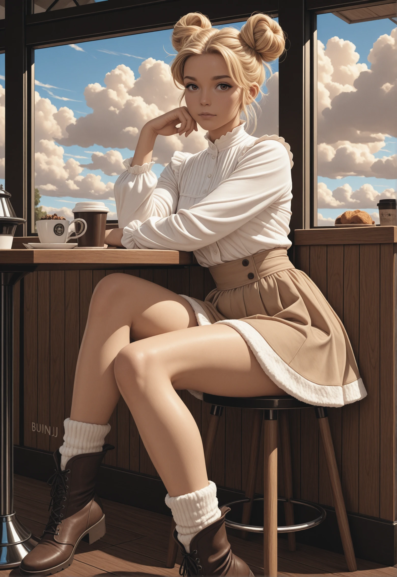 masterpiece, best quality,
1girl, woman, Bunij, blonde hair, hair buns, brown eyes, <lora:Bunij:1>, 
wearing plated skirt,white blouse,wool legwear, ankle boots,cafe,widow,clouds,sitting, close up, dynamic posing, motion,