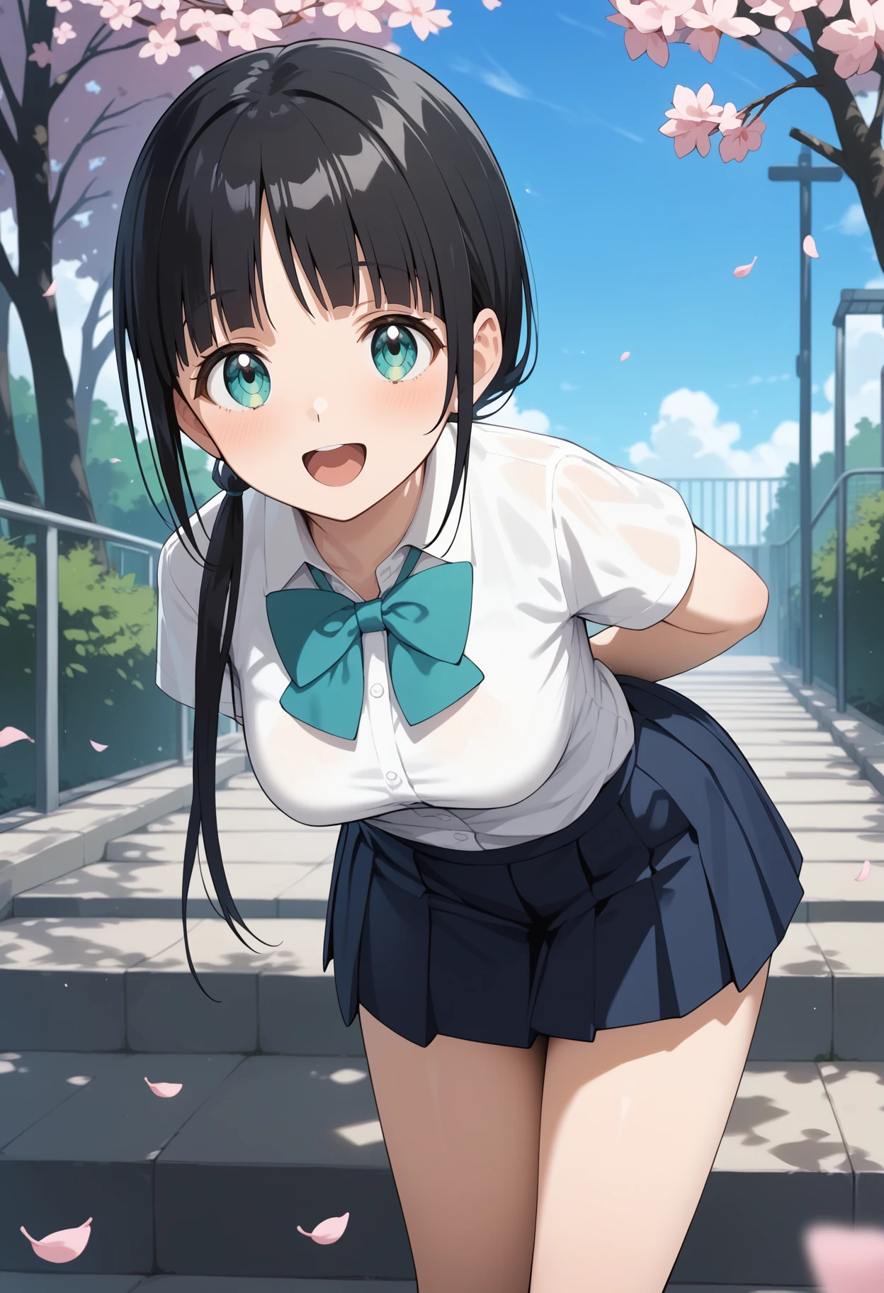 Young girl with black hair, long twintail, twintail hairstyle, (blue eyes),, ((small bushy eyebrows)), wearing gothic ta clothing, loli, walking to school, flirty smile, , (lifting her skirt to show her vagina wet with semen),