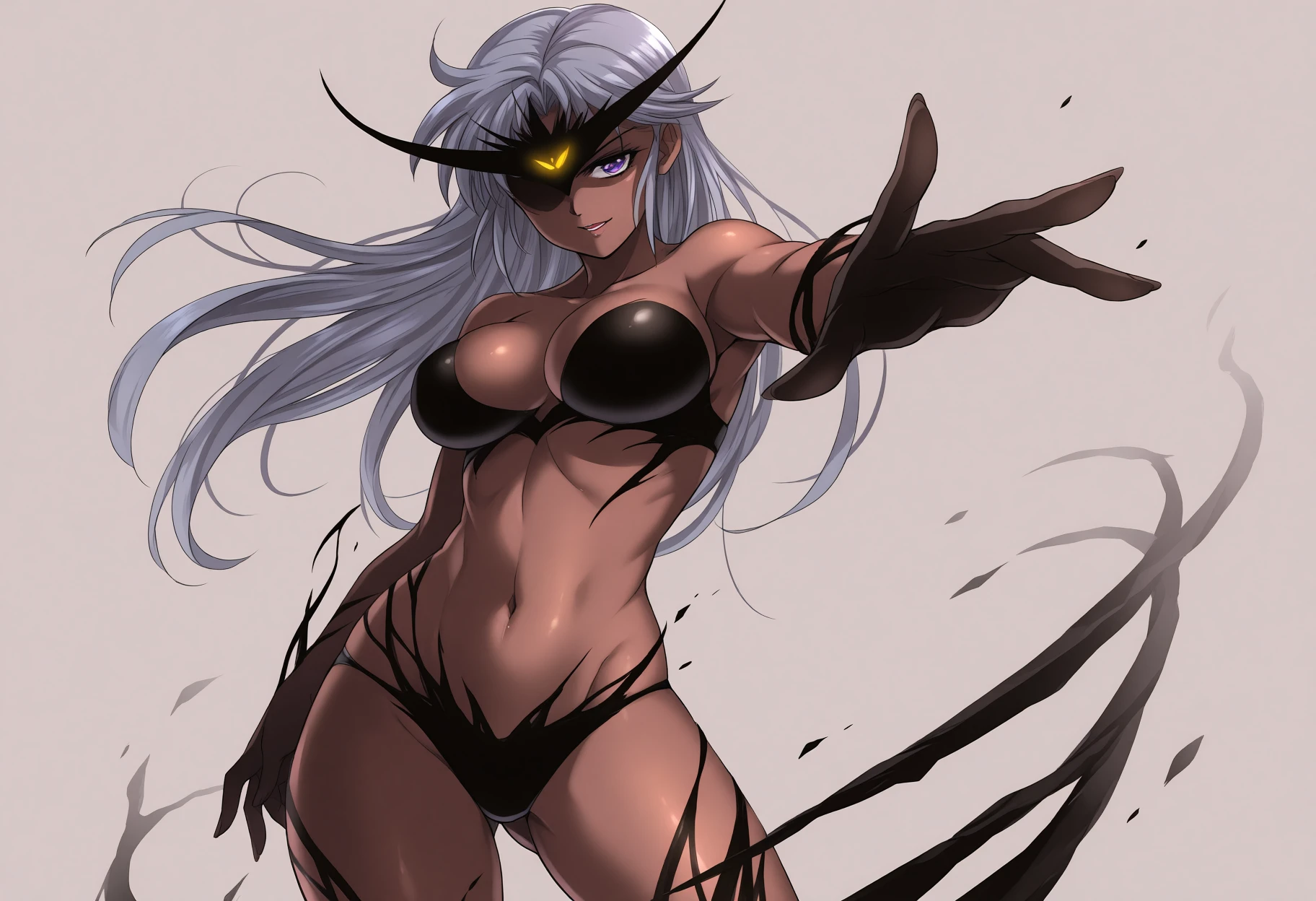 sensitive, high contrast, asymmetrical, dramatic shadows, cowboy shot, looking at viewer, BREAK <lora:Corrupted_Maam_Dragon_Quest_-_The_Adventure_of_Dai_Illustrious:0.7>, corrupted maam, 1girl, solo, (dark skin, black skin:1.1), [medium breasts|large breasts], purple eyes, grey hair, long hair, inue shinsuke, contrapposto, dynamic pose, light smile, open mouth, , BREAK from below masterpiece, high resolution, delicate illustration, (pastelcolo:0.25), (watercolor:0.6), (beautiful:1.2), 8k, newest,