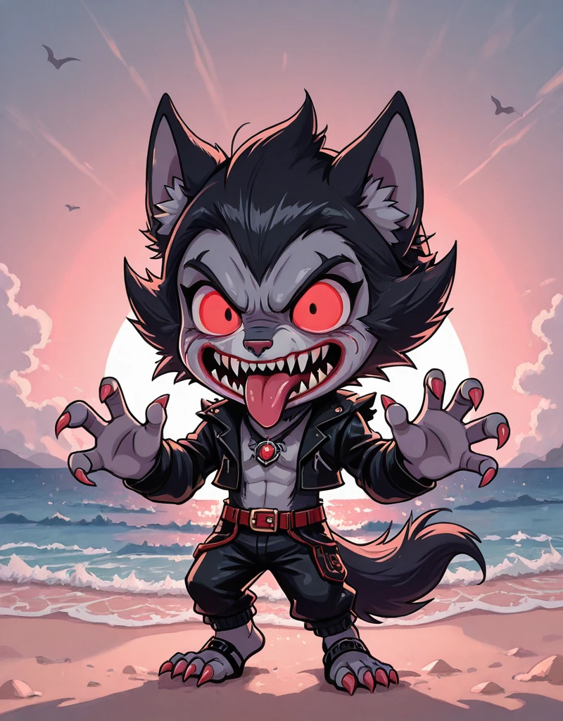 <lora:Chibi_Smile:1> chibisillus, chibi werewolf, on the beach, tongue out