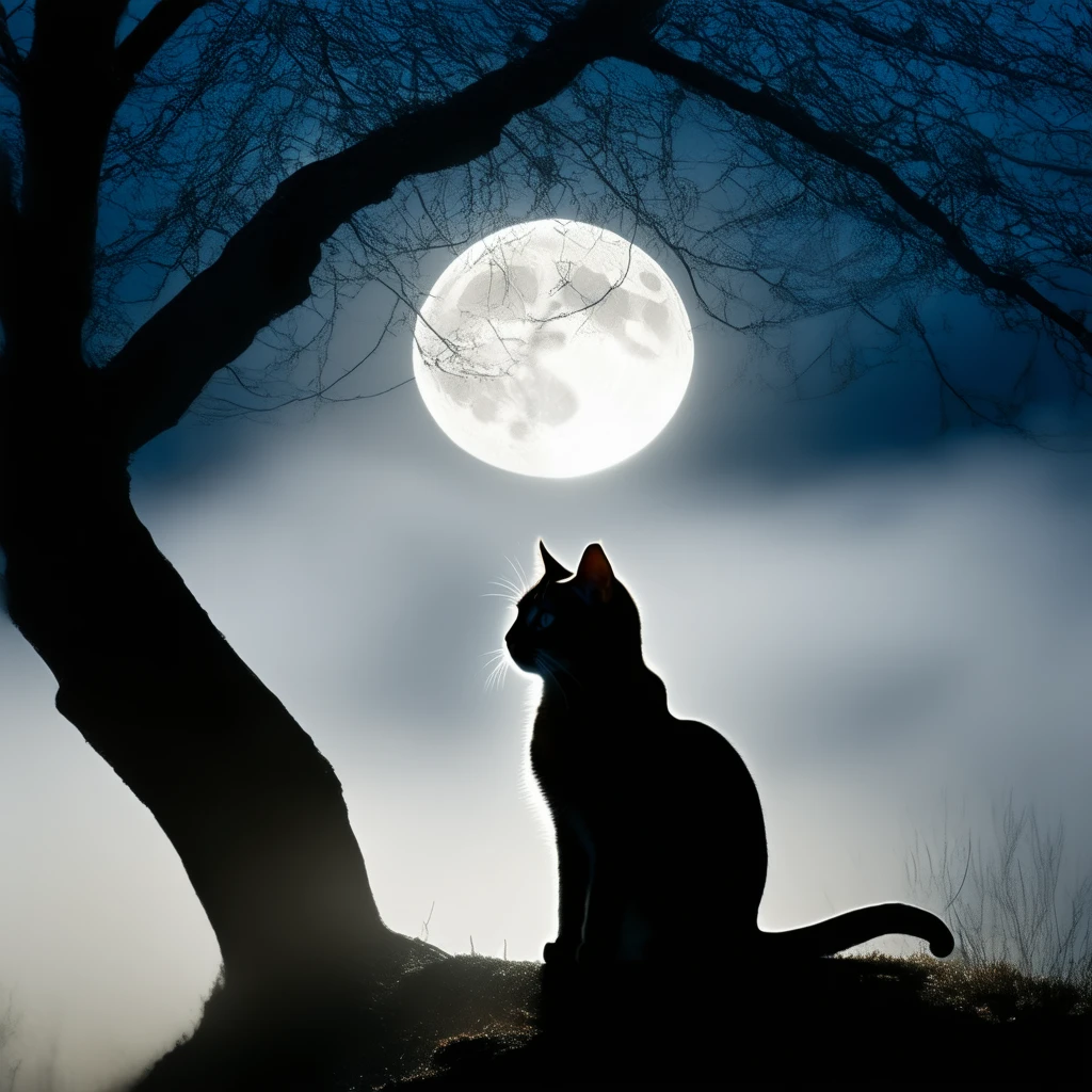 Silhouette closeup of a cat in the mist. Backlit. Moon. Bare tree silhouette.
DarkAtmosCE_style