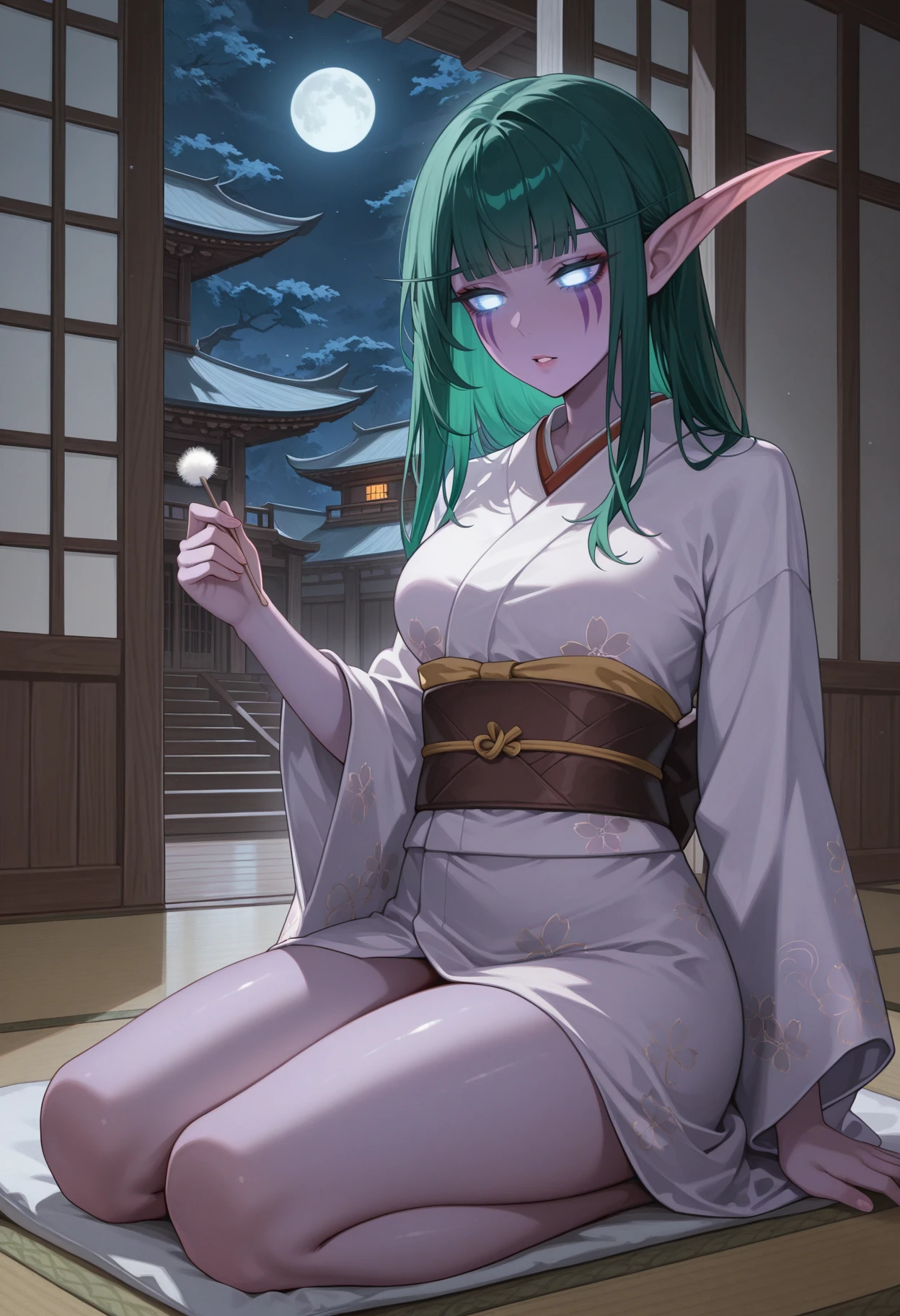 masterpiece, best quality, absurdres, highres, newest, 1girl, solo, <lora:nightelf-wc-richy-v1_ixl:1> nghtelf, pointy ears, colored sclera, glowing eyes, no pupils, no eyes, colored skin, facial mark, green hair, purple skin, blue eyes,
half-closed eyes, blunt bangs, parted lips, kneeling, kimono, mimikaki, sitting, indoors, east asian architecture, holding, dark, night
