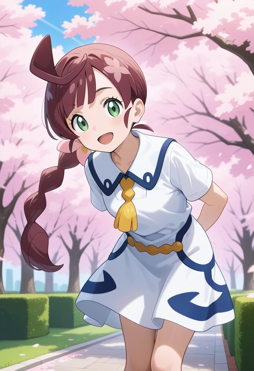 best quality, good quality, amazing quality, very aesthetic, absurdres, masterpiece, 1girl, aachloe, long hair, brown hair, braided ponytail, ahoge, green eyes, school uniform, neck tassel, collared dress, white dress, short sleeves, <lora:chloe_(pokemon)_ilxl_v1:0.9>, arms behind back, leaning forward, standing, outdoors, open mouth, cherry blossoms, smile, park,