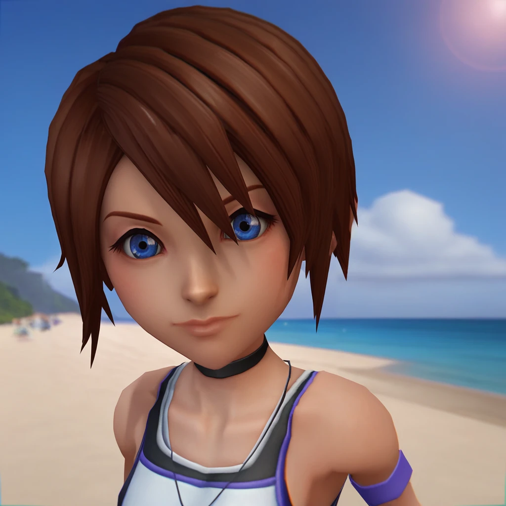 score_9_up, score_8_up, BREAK, kairi, 1girl, solo, brown hair, short hair, blue eyes, black choker, white tank top, upper body, <lora:Kairi_KingdomHearts1_Leaf1-000015:1>, looking at viewer, depth of field, 3d, beach,
