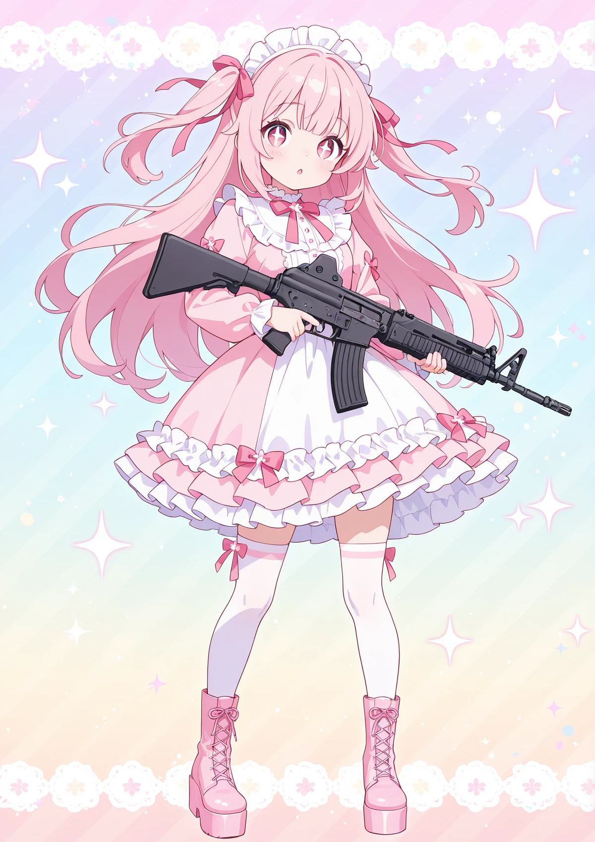 masterpiece,(bestquality),ultra-detailed,cute,(1girl),yumekawaii fashion,detailed eyes,(bright pink hair),(large eyes:1.2),(cute pose),(Holding Howa Type 89 Assault Rifle:1.1),(focus on Howa Type 89 Assault Rifle:1.1),(Howa Type 89 Assault Rifle accurately and in detail depicted:1.1),pastel colors,(sparkling accessories),(frilly dress),(ribbon:1.1),(knee-high socks),(platform boots),playful expression,(colorful background:1.1),<lora:add-detail-xl:1>,