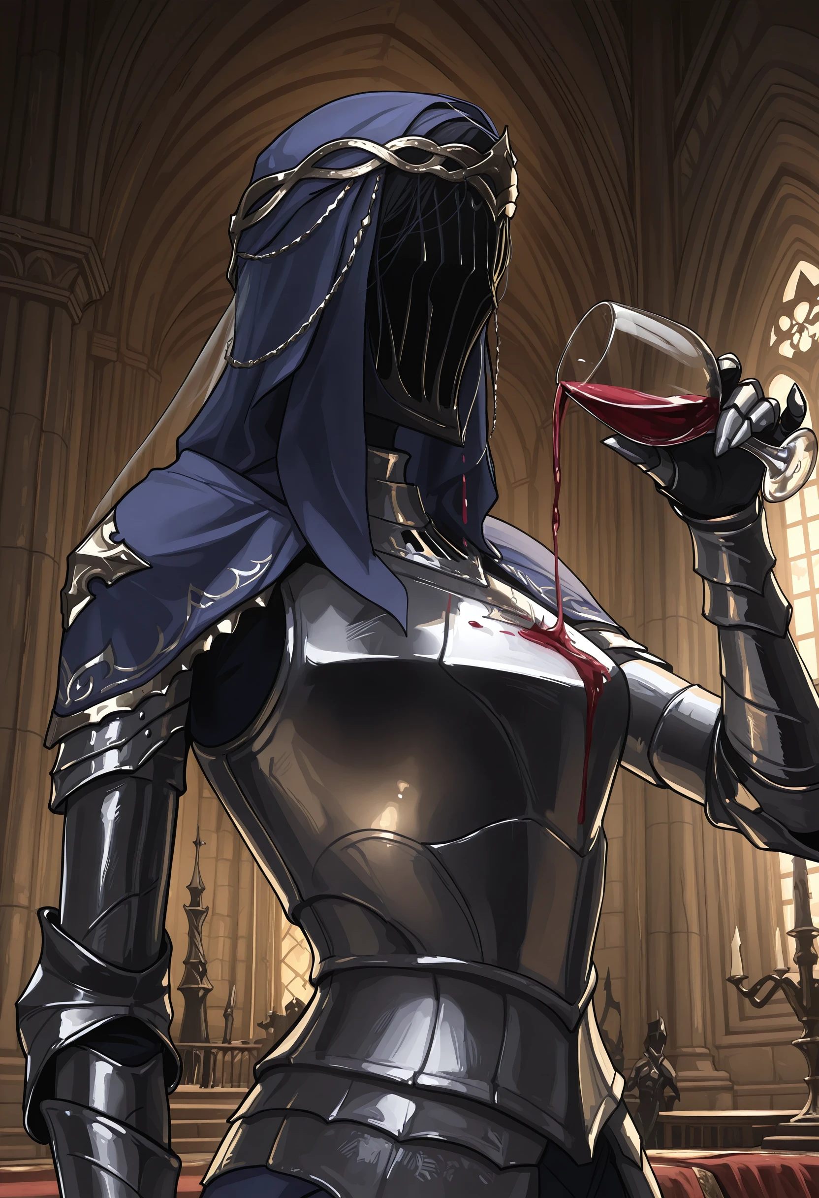 masterpiece, best quality, amazing quality, very aesthetic, absurdres, newest, <lora:DancerDS3ILf:0.9> dbvilf, 1girl, armor, shoulder armor, gauntlets, veil, blue hood, solo, holding glass of wine, upper body, faceless, wine on armor, spilling,
dark castle, interior,