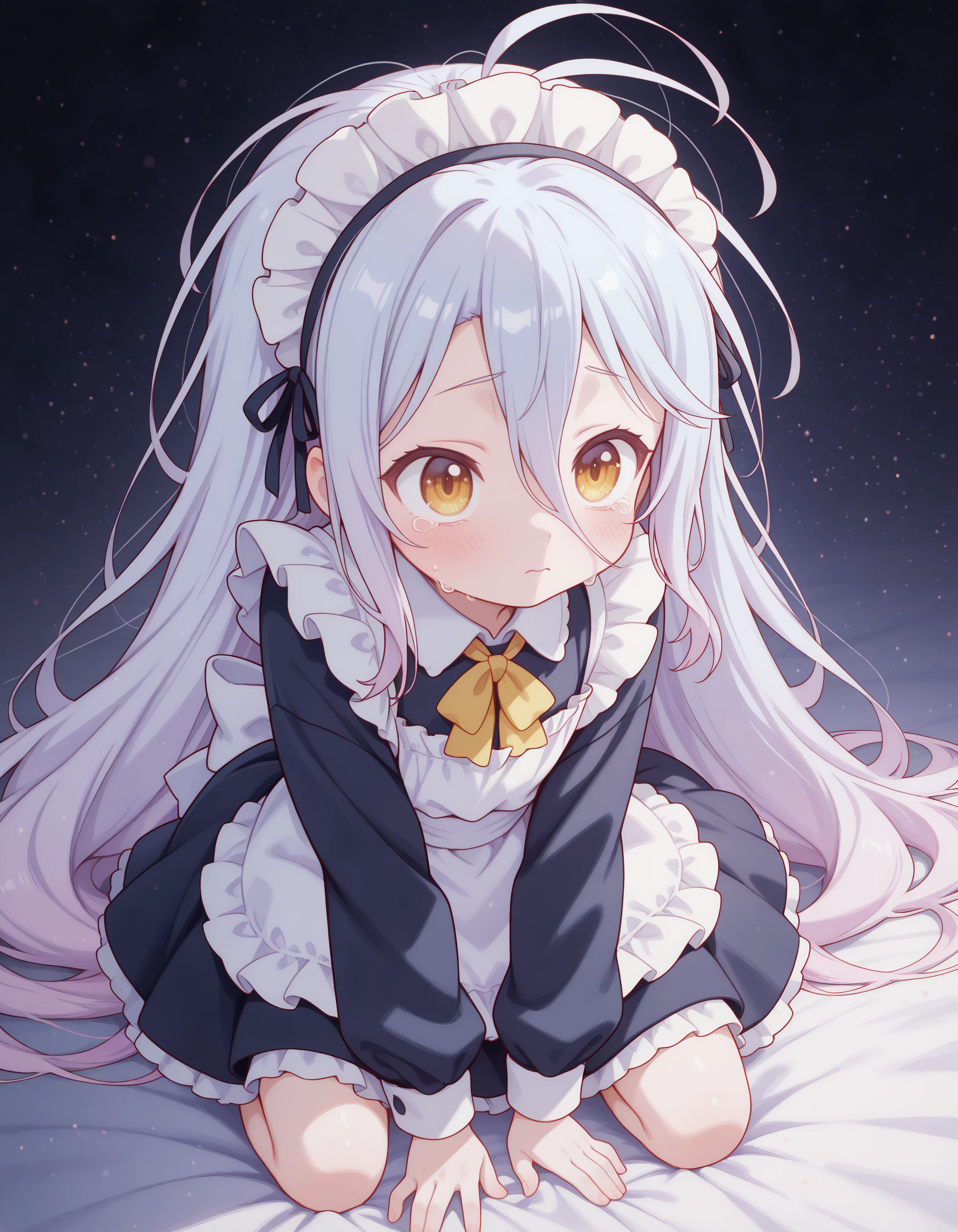 1girl, shiro_ngnl, pale skin, very long messy white hair, pale blue hair, yellow red eyes, maid uniform, tiny, kneeling down, sad, looking up, tears, (clothed, ultra kawaii), hdr, low contrast,
masterpiece, best quality, absurdres, masterpiece, highres, perfect anatomy, anime style, anime screenshot, 8k wallpaper, ultra high quality, (extremely detailed cg), perfect lighting, (sharp image), dynamic angle
