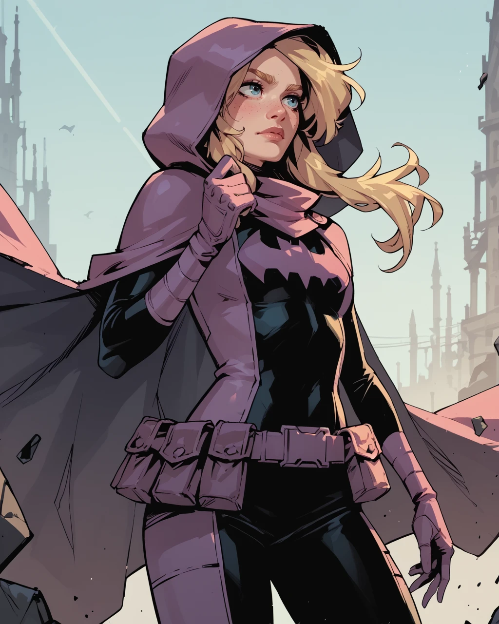score_9, score_8_up, score_7_up, score_6_up, masterpiece, best quality, <lora:Batgirl_-_Stephanie_Brown_Pony:0.8> stephaniebrown, blonde hair, bodysuit, cape, hood, belt pouch, zPDXL3, zPDXLxxx,