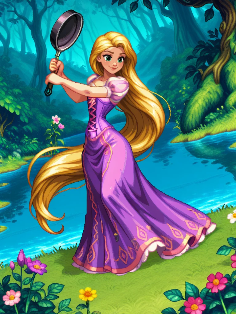 ,
1girl, (RapunzelXL:1.1), purple dress, very long hair, blonde hair, green eyes, puffy sleeves, short sleeves, corset, flat chest, narrow waist, wide hips,
very happy dutch angle, front, holding frying pan, , smile, fighting stance, nature, vegetation, lake, flowers, dynamic pose, full body,
<lora:RapunzelXL_character-12:0.75> <lora:dnfstyle-IL:1> ,dnfstyle,pixel art,,,