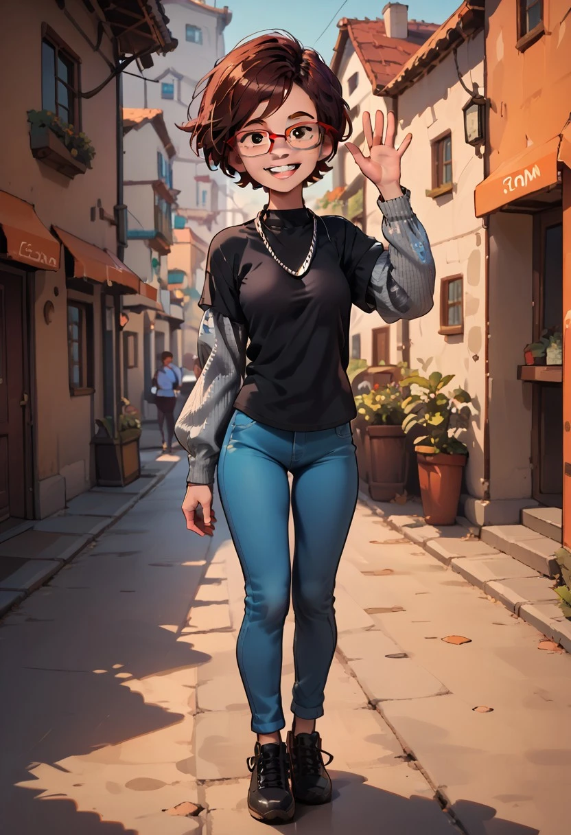 score_9_up, score_9, score_8_up, score_8, score_7_up, score_7, score_6_up, score_6, source_cartoon, cartoon, tbp, toonification, toon, exaggerated, cartoon gloves, bubble eyes
StoryboothAnna, 1girl, red-framed eyewear, glasses, short hair, brown hair, dot eyes,
necklace, black shirt, long sleeves, grey sleeves, layered sleeves, short over long sleeves, blue pants, black footwear
outdoors, waving, smiling, teeth, looking at viewer