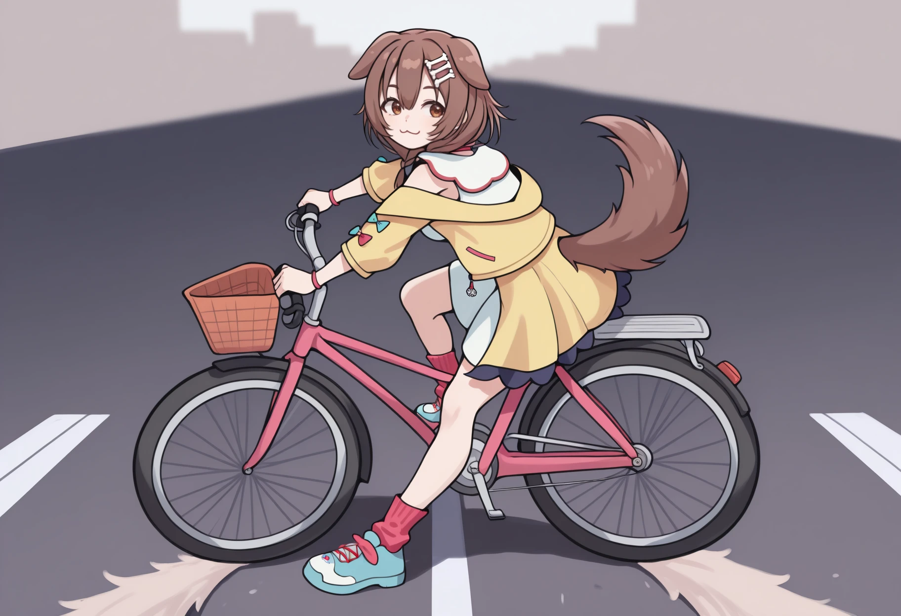 masterpiece, best quality, full body, solo, 1girl, inugami korone \(1st costume\), hololive, :3, looking to the side, ak1rasl1de, riding bicycle, brown hair, dog ears, brown eyes, street
<segment:yolo-Anzhc Face seg 640 v2 y8n.pt,0.4,0.5//cid=1>