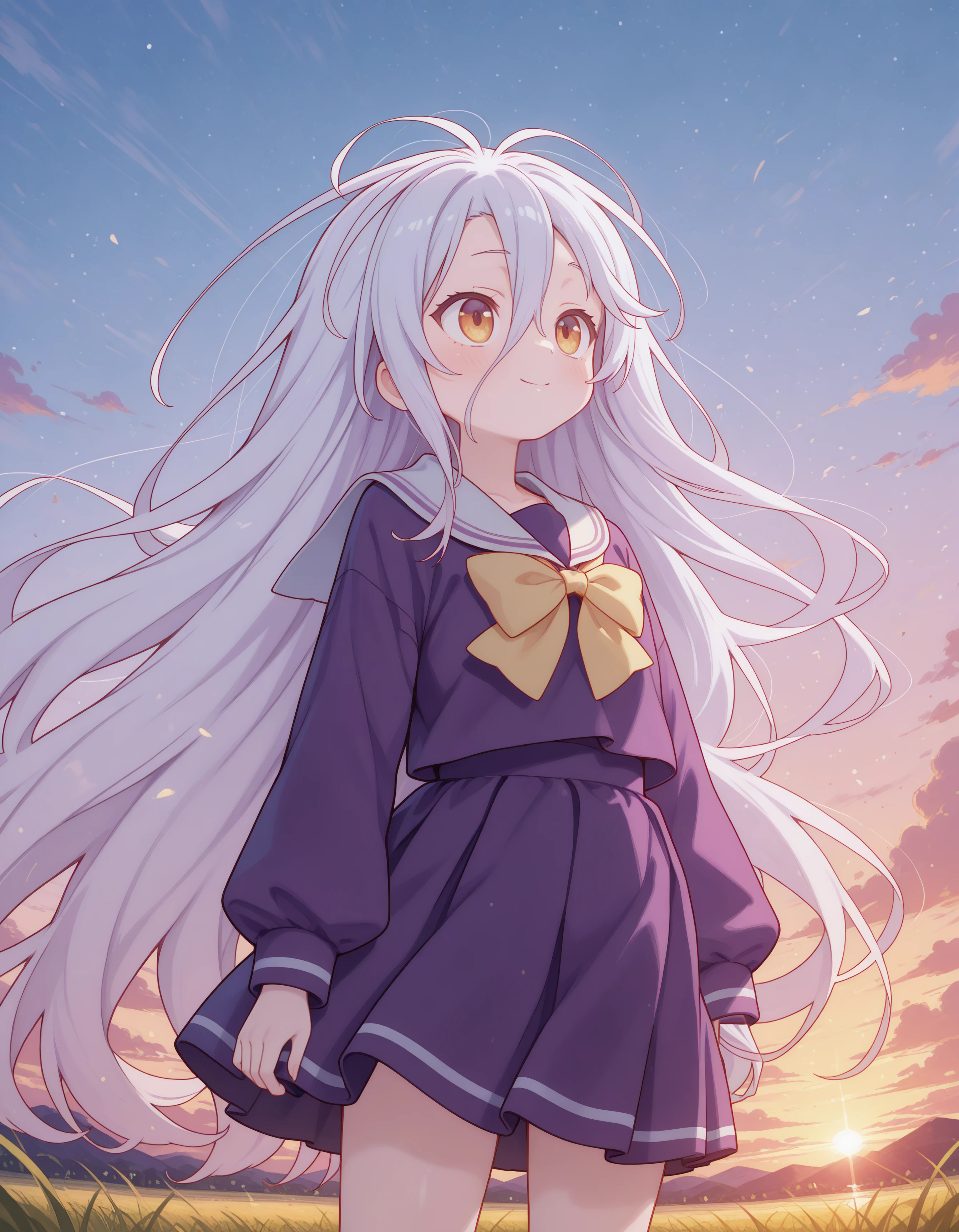 1girl, shiro_ngnl, pale skin, very long messy white hair, pale blue hair, yellow red eyes, purple sailor uniform, standing in open field, sunset, windy, hair flowing, clothes flowing, eyes closed, looking up, smile, (clothed, ultra kawaii), hdr, low contrast,
masterpiece, best quality, absurdres, masterpiece, highres, perfect anatomy, anime style, anime screenshot, 8k wallpaper, ultra high quality, (extremely detailed cg), perfect lighting, (sharp image), dynamic angle