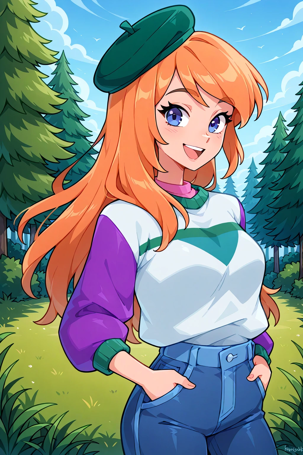 <lora:Kayleigh Illustrious:0.6>, kayleigh, looking at viewer, smile, :d, medium breasts, white sweater, pink shirt, shirt under sweater, purple sleeves, beret, jeans, hands in pockets, green headwear, outdoors, sweater tucked in, 1girl, solo, nature