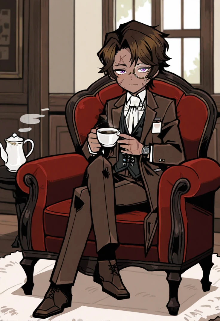 masterpiece, perfect face, beautiful face, perfect hands, beautiful hands, <lora:Limbus_Fight_Artstyle_Illustrious:1>, Limbus_Chibi_Artstyle, chibi, 1boy, solo, heathcliff \(project moon\), brown hair, short hair, purple eyes, dark-skinned, scars, light smile, looking at viewer, formal, white shirt, brown jacket, wrist watch, brown pants, brown shoes, monocle, holding tea cup, steam from cup, full body, indoors, manor, sitting on armchair, living room, coffee table