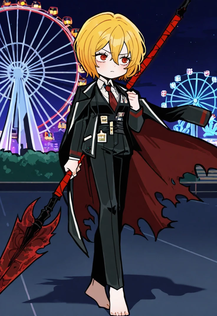 masterpiece, perfect face, beautiful face, perfect hands, beautiful hands, <lora:Limbus_Fight_Artstyle_Illustrious:1>, Limbus_Chibi_Artstyle, chibi, 1girl, solo, don quixote \(project moon\), blonde hair, short hair, red eyes, vampire girl, serious face, white shirt, black jacket, red necktie, black pants, red boa, open jacket, barefoot, torn clothes, holding red spear, full body, outdoors, night, entertainment park, ferris wheel on background, standing
