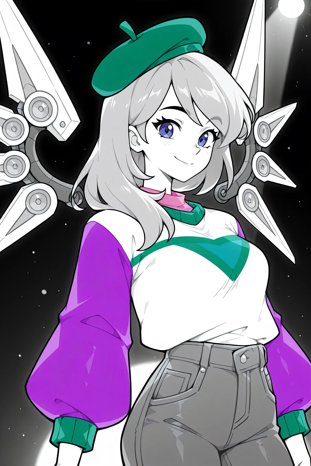 <lora:Kayleigh Illustrious:0.6>, kayleigh, looking at viewer, smile, closed mouth, medium breasts, white sweater, pink shirt, shirt under sweater, purple sleeves, beret, jeans, green headwear, stage, sweater tucked in, 1girl, solo, spotlight, mechanical wings, (spot color)