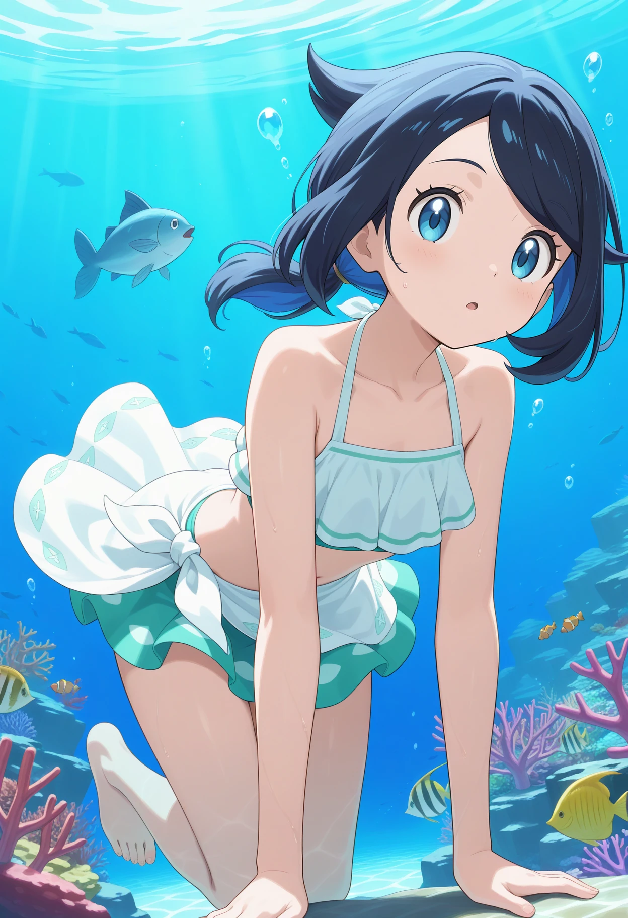 best quality, good quality, amazing quality, very aesthetic, absurdres, masterpiece, 1girl, aaliko, short hair, black hair, colored inner hair, short ponytail, blue eyes, collarbone, swimsuit, white bikini, sarong, bikini skirt, <lora:liko_(pokemon)_ilxl_v1:0.9>, underwater, swimming, fish, coral,