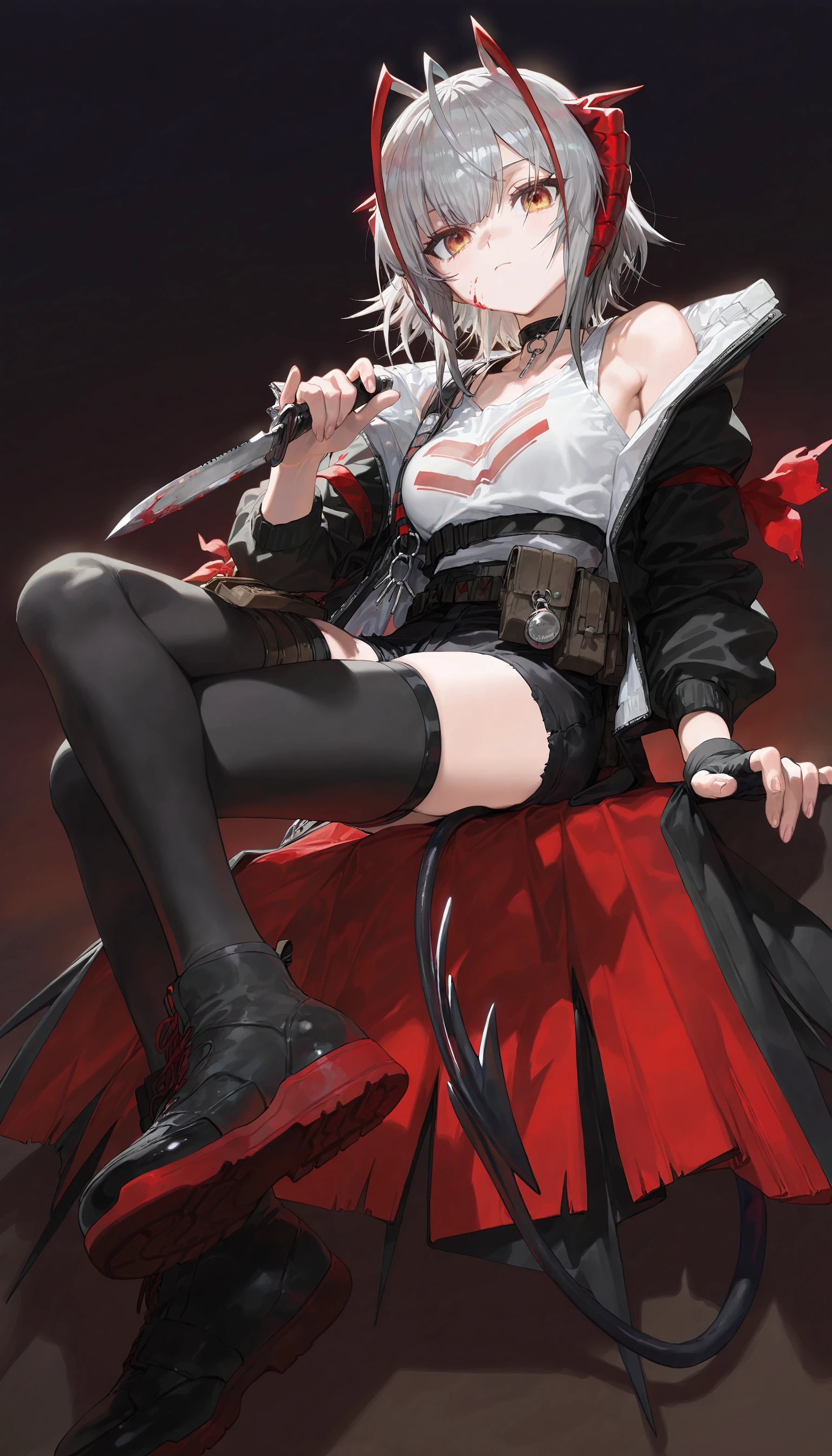 Night,Blood Girl，Long sword，dual horsetail，boot，Dark red gradient