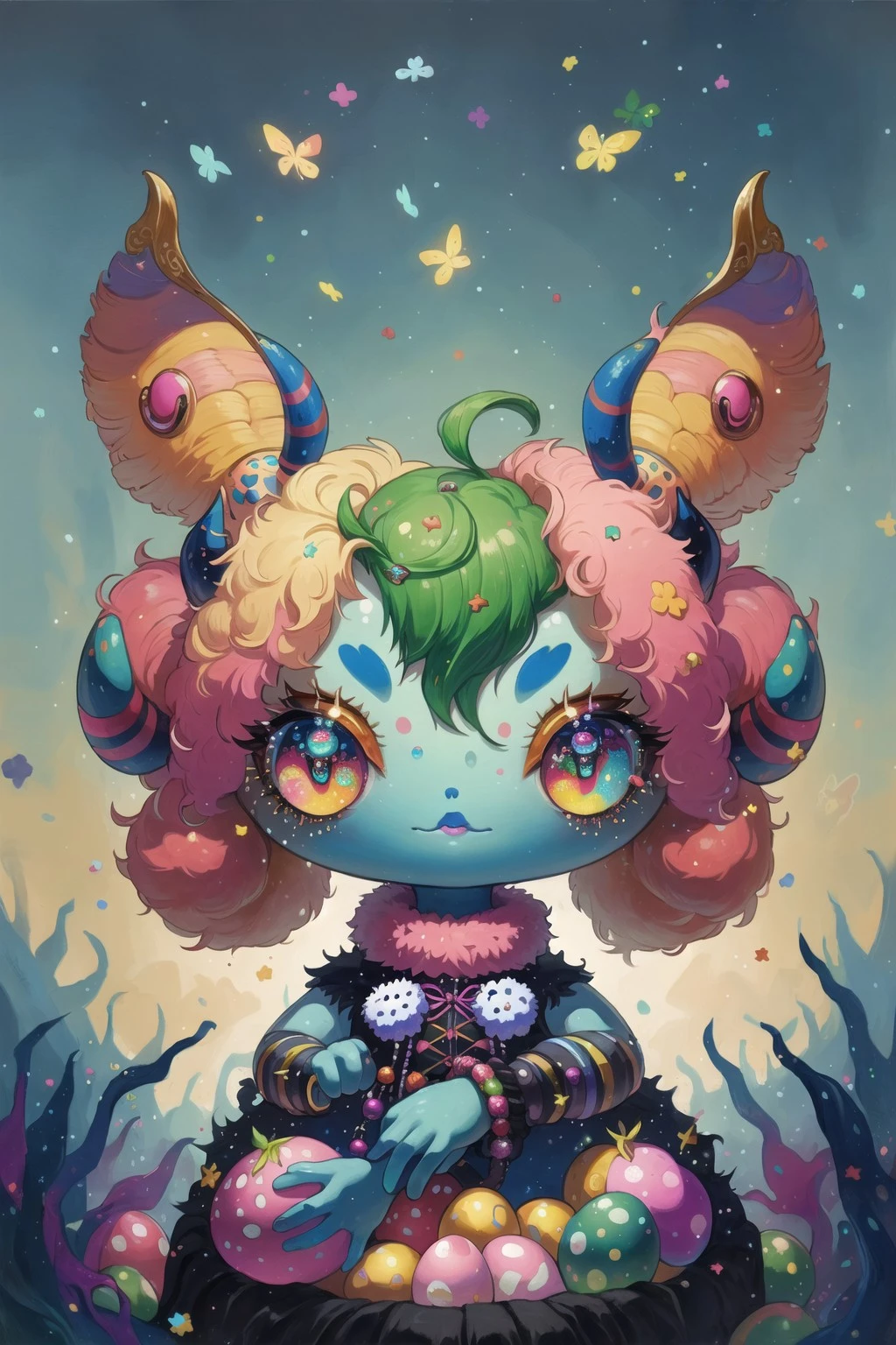 (masterpiece, top quality, best quality, official art, beautiful and aesthetic:1.2), W31RDD0LL, an acrylic painting of a monkey, blue skin, two eyes, multicolored freckles, pink lips, striped antennas, green wool, six arms, colorful, eggs <lora:W31RDD0LL:0.8>