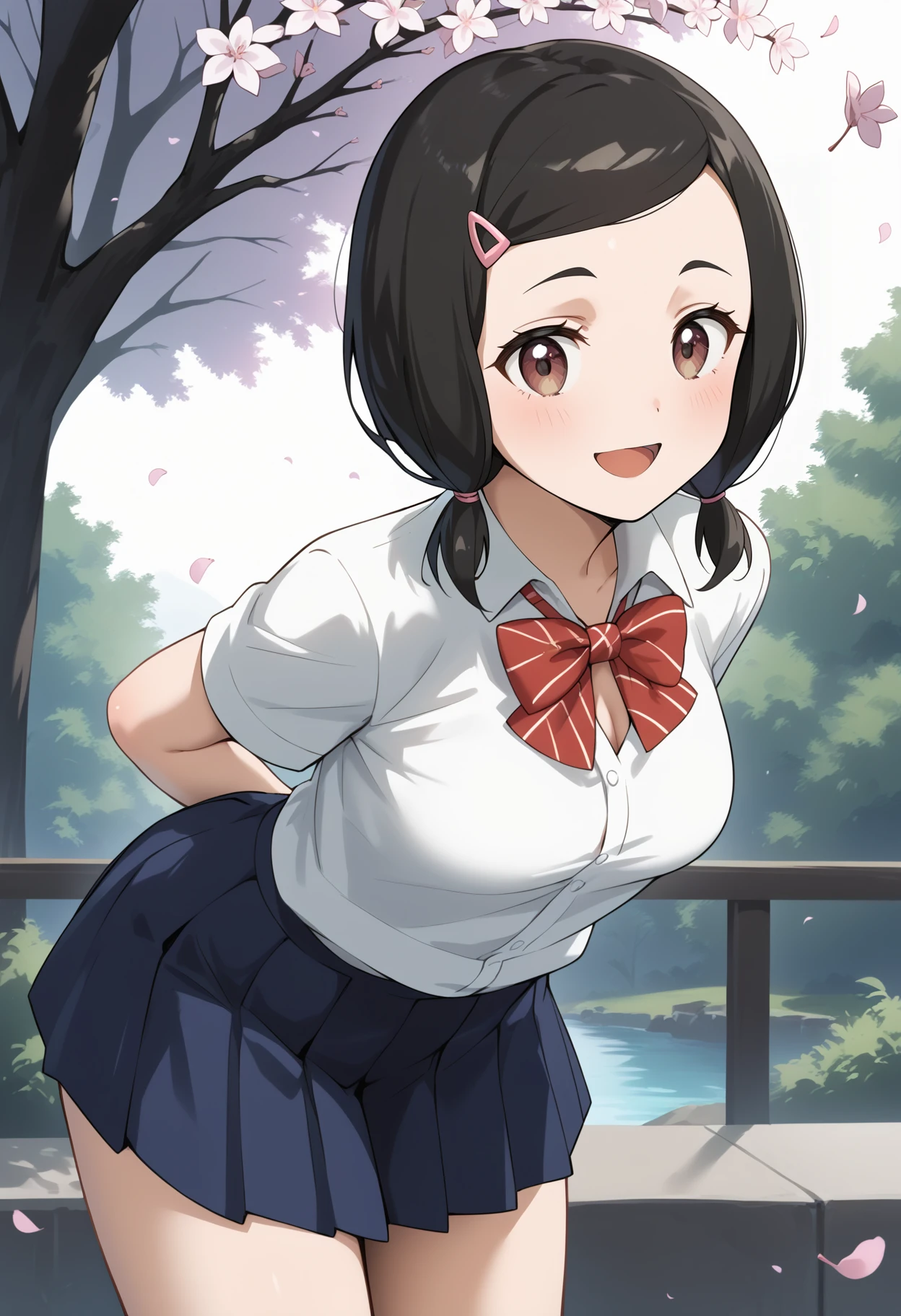 score_9, score_8_up, score_7_up, score_6_up, score_5_up, score_4_up, source_anime, aachisato, black hair, short twintails, low twintails, swept bangs, hair ornament, hairclip, brown eyes, medium breasts, <lora:fujii_chisato_ponyxl_v1:0.9>, school uniform, bowtie, skirt, smile, open mouth, standing, cowboy shot, leaning forward, bent over, outdoors, cherry blossoms, arms behind back,