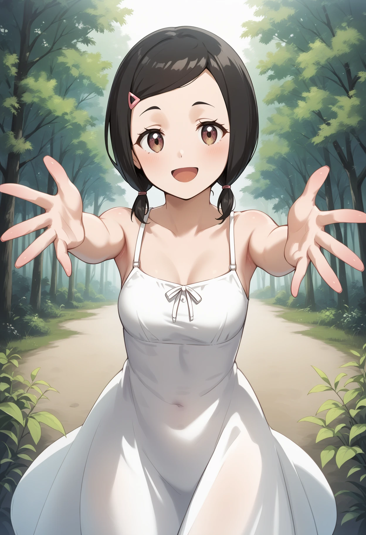 score_9, score_8_up, score_7_up, score_6_up, score_5_up, score_4_up, source_anime, aachisato, black hair, short twintails, low twintails, swept bangs, hair ornament, hairclip, brown eyes, medium breasts, <lora:fujii_chisato_ponyxl_v1:0.9>, sundress, outstretched arms, forest, smile, open mouth,