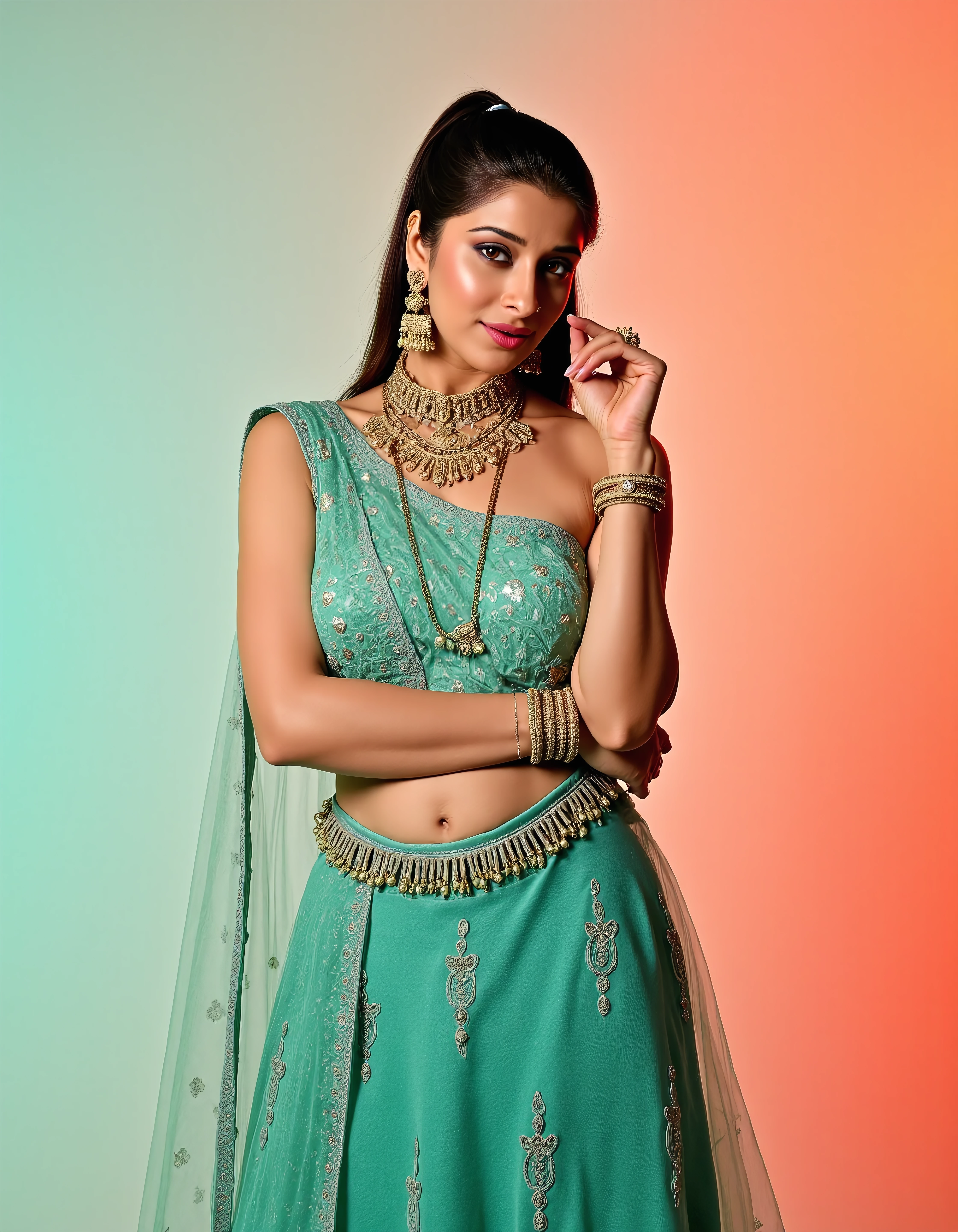 full body photo of Nyra Banerjee, hyper realistic candid photo, expression of wonderment with wide eyes,studio quality, wearing intricate conservative sleeveless Teal Lehenga Choli, high ponytail, pastel shaded multicolored background, cinematic lighting, <lora:Nyra_Banerjee_Madhuurima_Flux_Kohya_V1:1>âââ