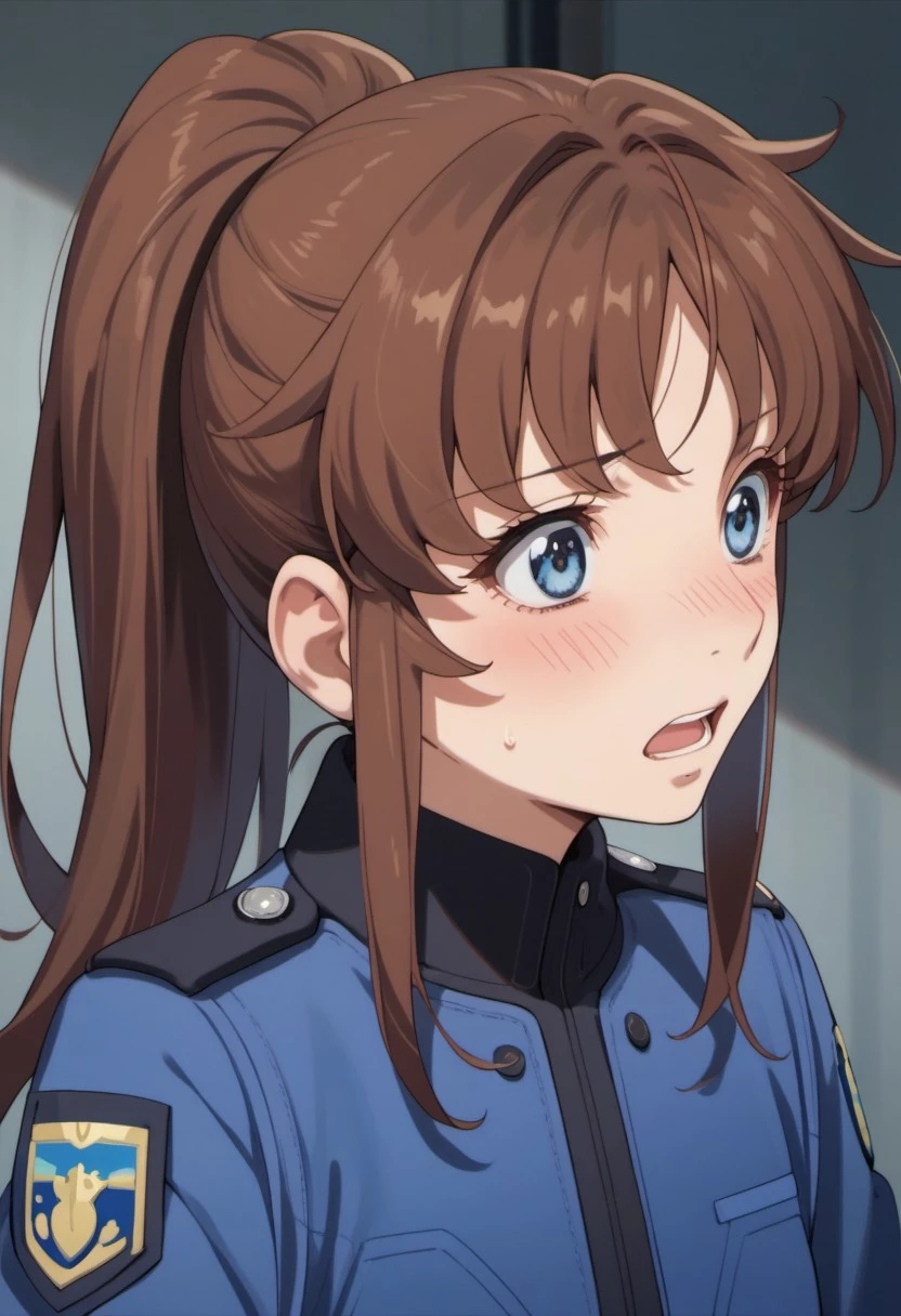score_9, score_8_up, score_7_up, source_anime, kiryu mikage, brown hair, ponytail, long hair, blue eyes, 1girl, solo, uniform, open mouth, anime coloring, jacket, upper body, police, blush