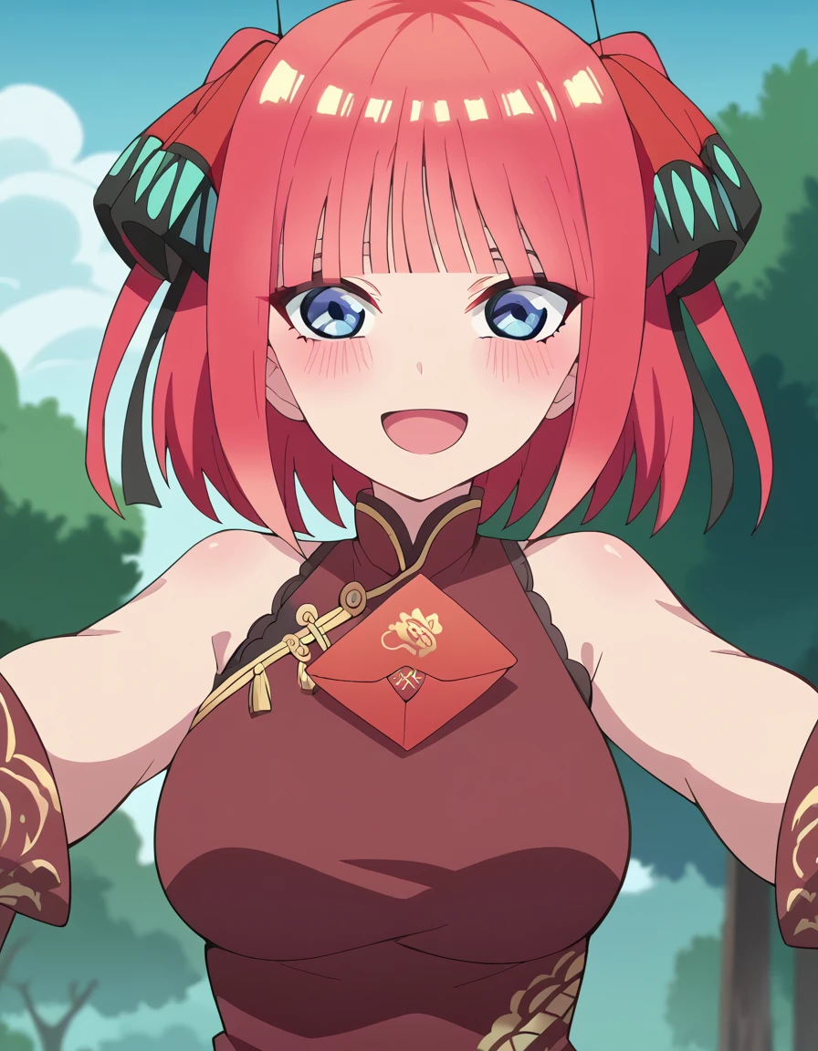score_9, score_8_up, score_7_up, source_anime, <lora:nnakano-s2-ponyxl-lora-nochekaiser:1>, short hair, bangs, blue eyes, hair ornament, hair ribbon, pink hair, blunt bangs, two side up, butterfly hair ornament, large breasts, anime screencap,, <lora:hongbao-ponyxl-lora-nochekaiser:1>, hongbao, chinese new year, good fortune symbol, holding envelope, envelope, red envelope, outstretched arm, smile, blush, outdoors, open mouth, looking at viewer,, ,