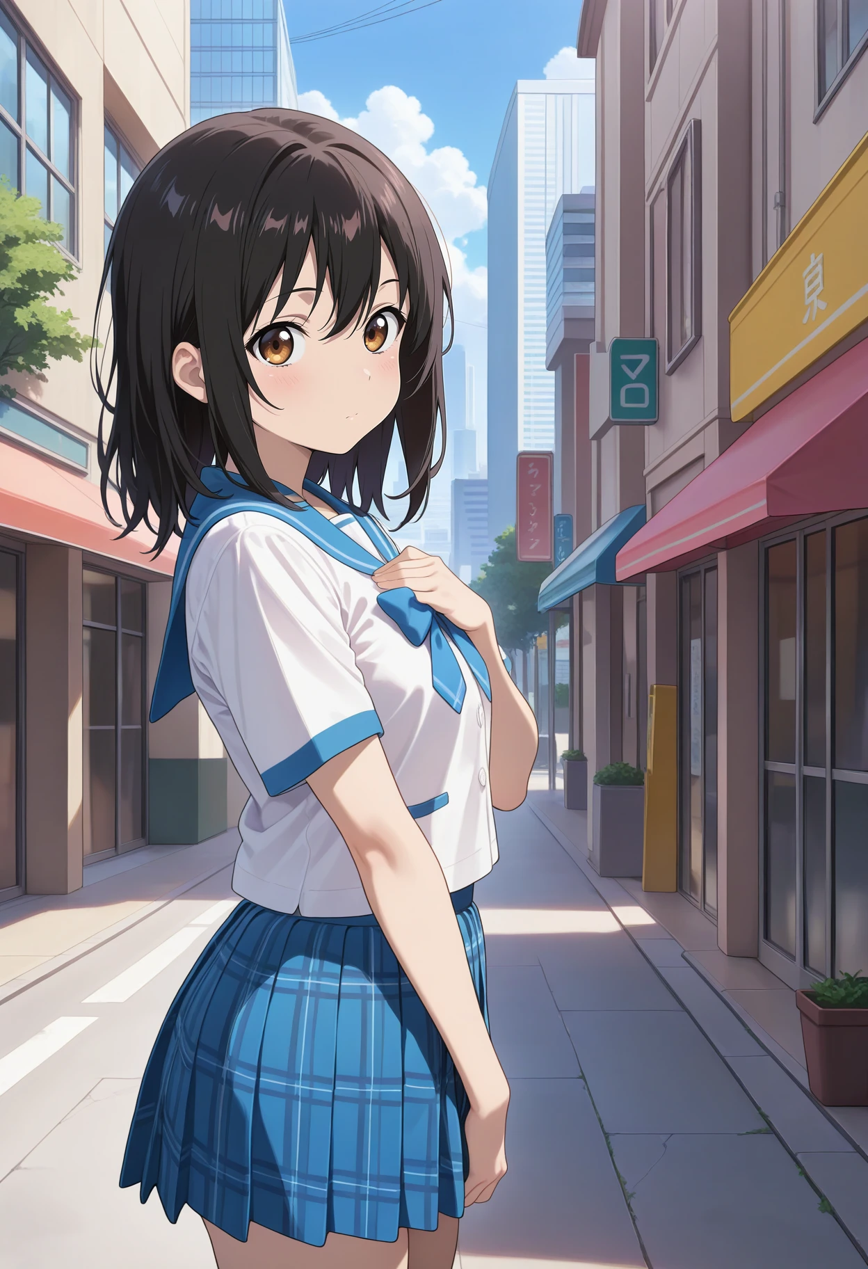 best quality, good quality, amazing quality, very aesthetic, absurdres, masterpiece, 1girl, aayukina, medium hair, black hair, brown eyes, school uniform, blue sailor collar, blue bow, white shirt, short sleeves, plaid skirt, blue skirt, <lora:himeragi_yukina_ilxl_v1:0.9>, standing, cowboy shot, city, street, from side, hand on own chest,