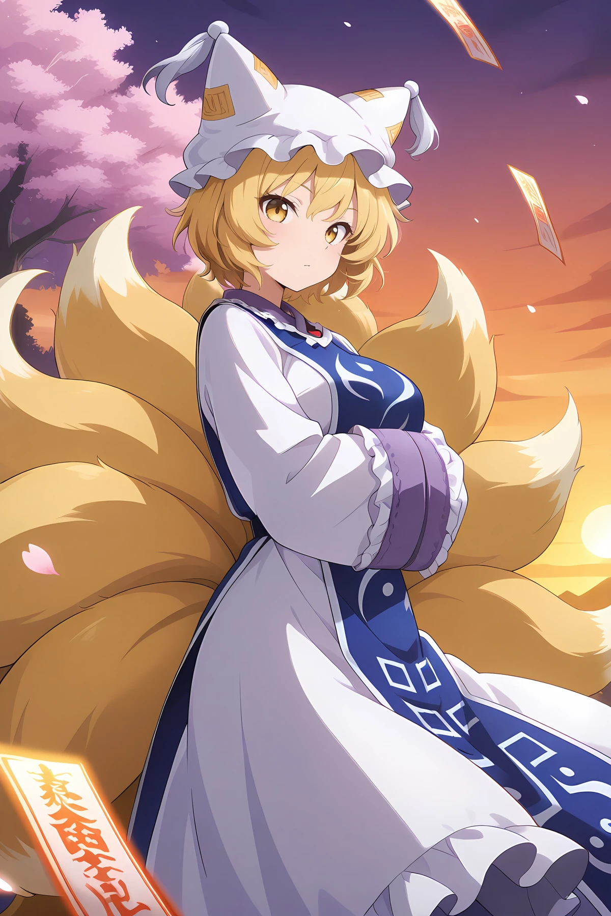 absurdres, highres, masterpiece, best quality, amazing quality, official anime artwork, screencap, anime screencap, outdoors, from the side, floating hair, sunset, dynamic pose, hands in opposite sleeves, petals, sakura tree, light particles,  looking at viewer, spell card, danmaku, 
 <lora:Yakumo-Ran_Illustrious:1> yakumo ran, 1girl, solo, yellow eyes, blonde hair,  short hair, multiple tails, fox tail, fox ears,, hat, white headwear, ofuda, tabard, white dress, long dress, frills, long sleeves, wide sleeves