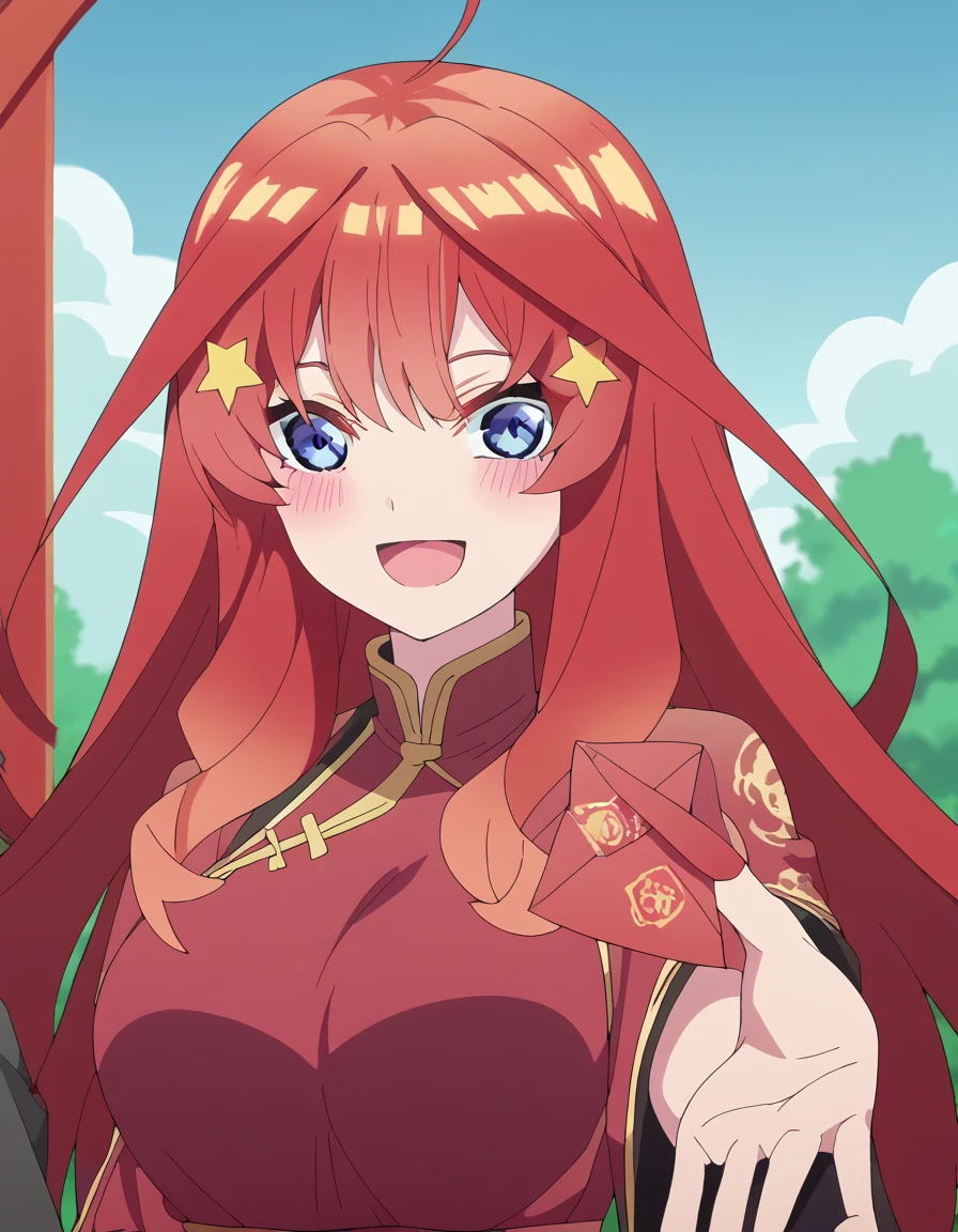 score_9, score_8_up, score_7_up, source_anime, <lora:itsuki-nakano-s2-ponyxl-lora-nochekaiser:1>, itsuki nakano, bangs, long hair, blue eyes, hair between eyes, ahoge, red hair, star (symbol), hair ornament, star hair ornament, large breasts, anime screencap, <lora:hongbao-ponyxl-lora-nochekaiser:1>, hongbao, chinese new year, good fortune symbol, holding envelope, envelope, red envelope, outstretched arm, smile, blush, outdoors, open mouth, looking at viewer,, ,