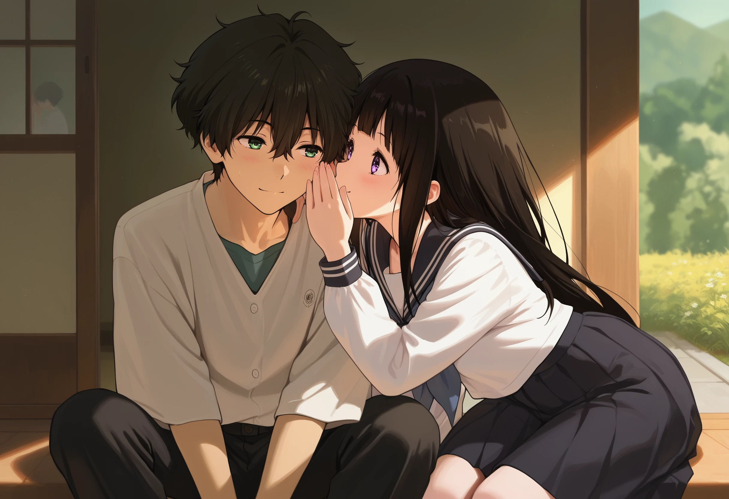 masterpiece, best quality, absurdres, safe
1girl, 1boy, oreki houtarou, sitting, chitanda eru, whispering in ear, smile, looking at another
<lora:whispering_in_ear_il_2_right_to_left:1>
