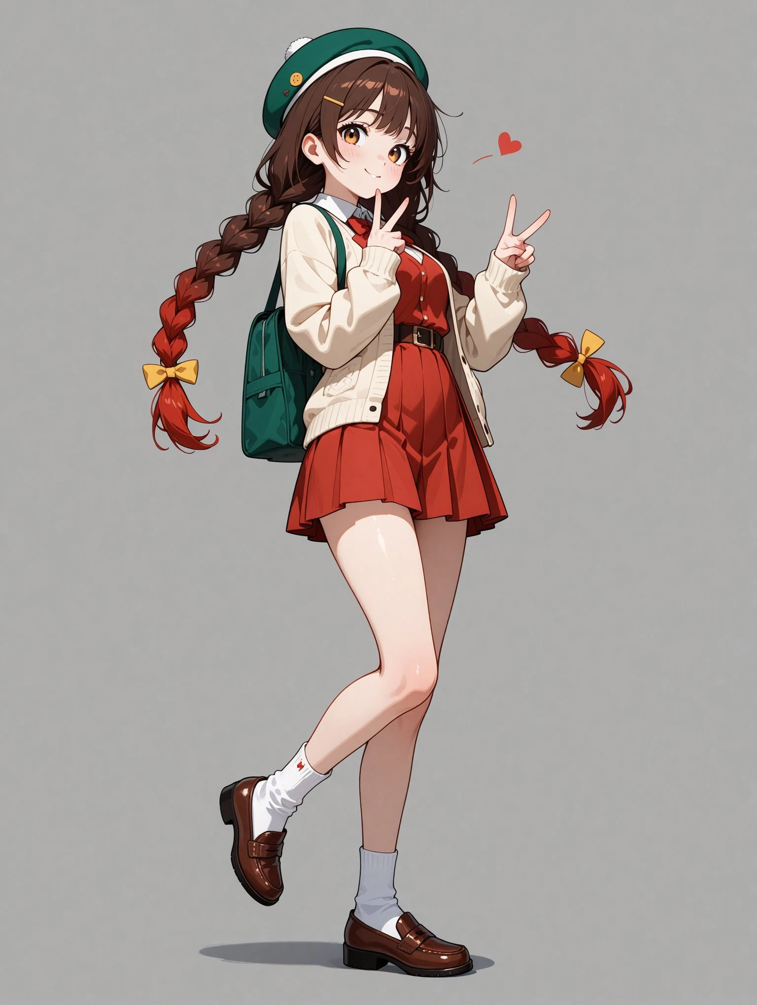 1girl,, blush, braid, brown footwear, brown hair, cardigan, closed mouth, dress, eyelashes, full body, gradient hair, green headwear, grey eyes, hair ornament, hairband, heart, loafers, long hair, long sleeves, multicolored hair, parted lips, pink shirt, pleated skirt, profile, red dress, shirt, shoes, skirt, solo, standing, standing on one leg, twin braids, v, very long hair, white hair, x hair ornament