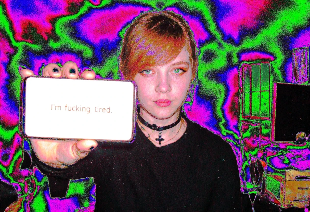 Circuit-bent/glitch art photograph showing a young woman, early 20s, easter european, fair skin, reddish-brown hair pulled back, side-swept bangs covering part of the forehead, dark eyeliner, orange eyeshadow, natural lip color, She also has a black choker and a black cross necklace. Her expression is neutral. room with furnitures and desk with computer and monitor and window. holding Samsung note10 with bright illuminated display to viewer, display showing text "I'm fucking tired". She has black nailpolish and rings on some fingers. artificial indoor heavy light, low light condition, underexposed face, face slightly shadowed, daytime. bright multicolored textures dominating the subject, wave-like color distortions, vivid neon color shifts with predominant green blue and magenta hues, distinct pixelation and edge artifacts, overall high digital corruption level