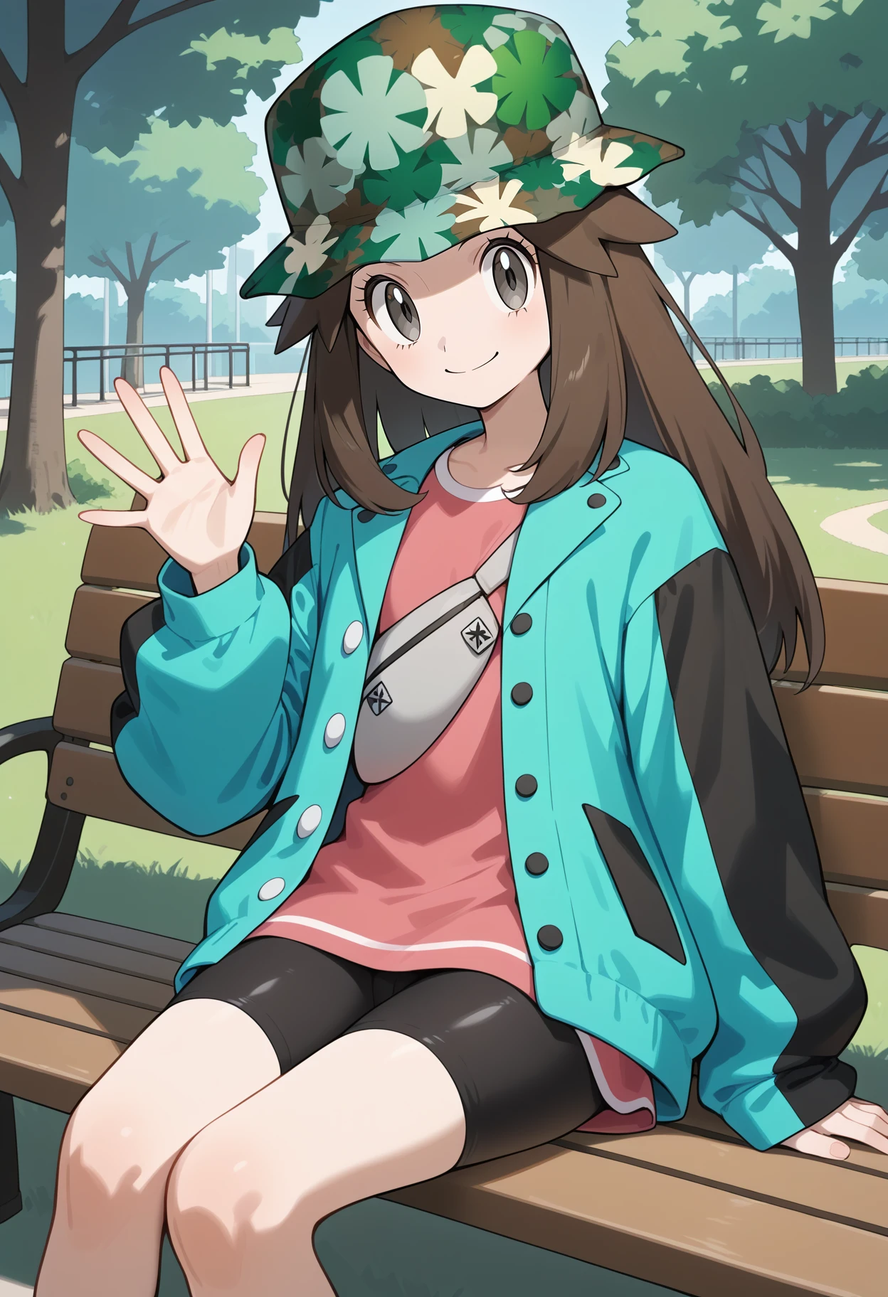 score_9, score_8_up, score_7_up, score_6_up, score_5_up, score_4_up, source_anime, aaleaf, long hair, brown hair, hat, camouflage headwear, green headwear, grey eyes, pink shirt, aqua jacket, open jacket, fanny pack, long sleeves, buttons, bike shorts, <lora:leaf_(pokemon)_ponyxl_v1:0.9>, sitting, waving, smile, bench, park,