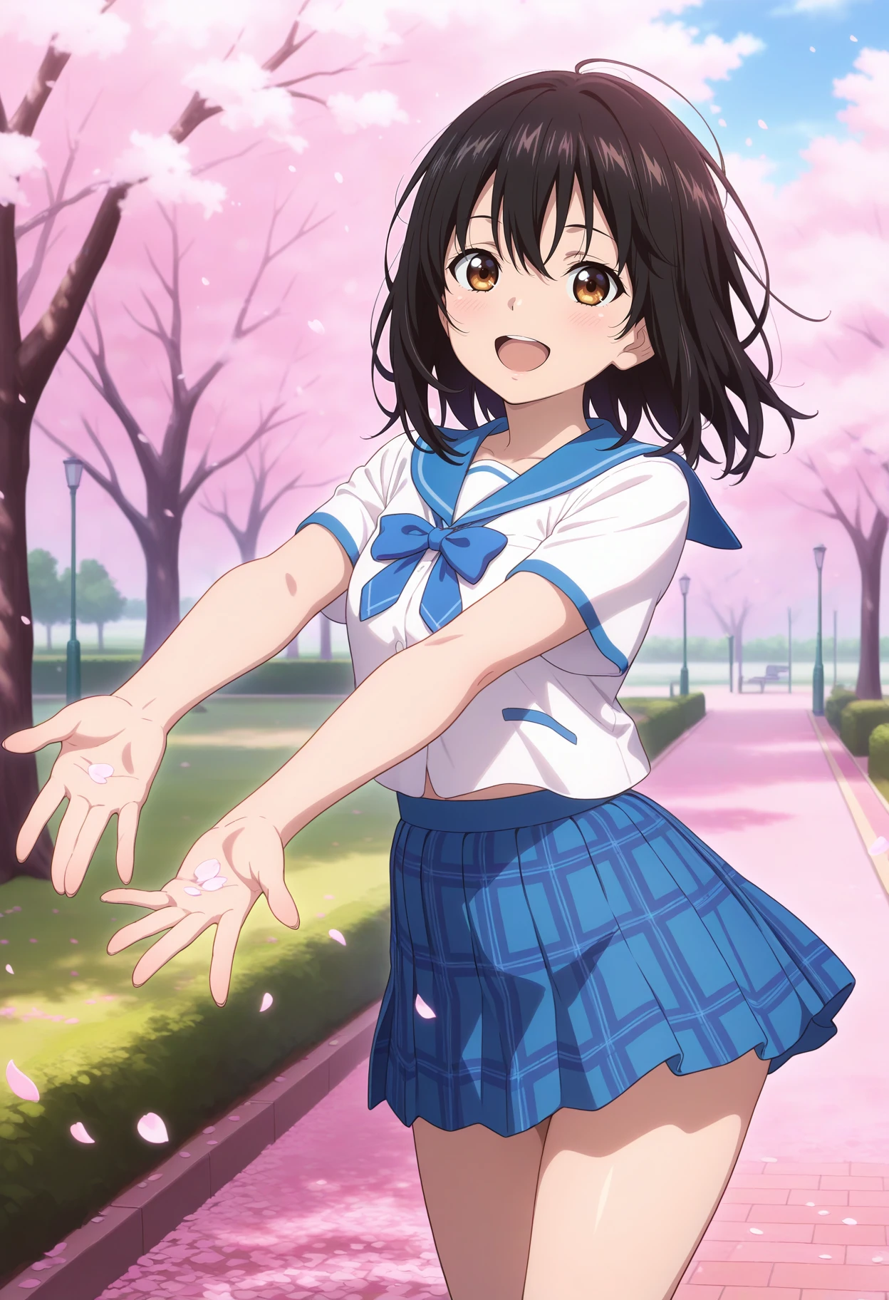 best quality, good quality, amazing quality, very aesthetic, absurdres, masterpiece, 1girl, aayukina, medium hair, black hair, brown eyes, school uniform, blue sailor collar, blue bow, white shirt, short sleeves, plaid skirt, blue skirt, <lora:himeragi_yukina_ilxl_v1:0.9>, standing, cowboy shot, park, smile, open mouth, reaching, petals,