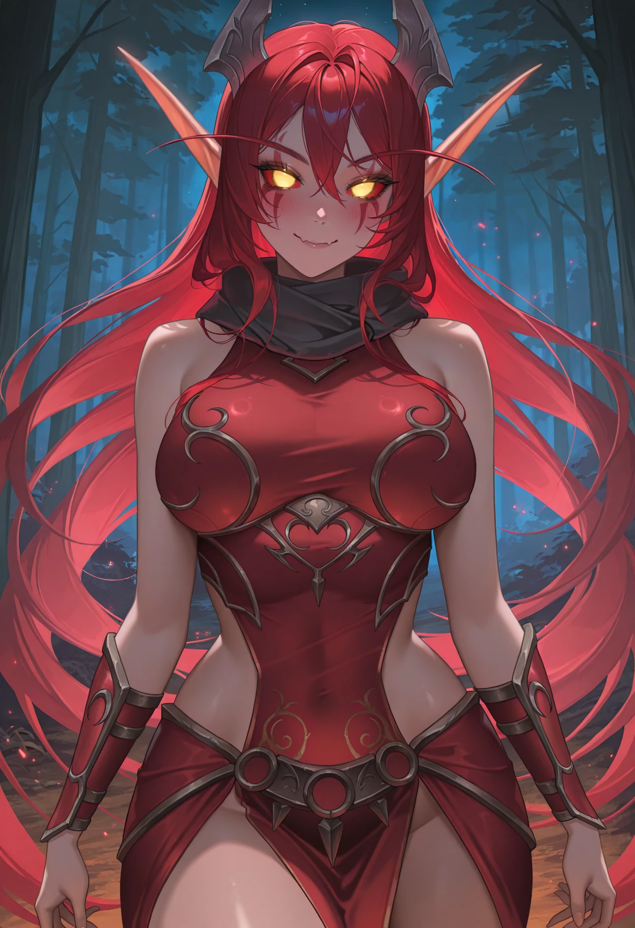 masterpiece, best quality, absurdres, highres, newest, 1girl, solo, <lora:nightelf-wc-richy-v1_ixl:1> nghtelf, pointy ears, colored sclera, glowing eyes, no pupils, no eyes, colored skin, facial mark, <lora:redhood-nikke-richy-v1_ixl:0.7> rdhddl, yellow eyes, red hair, very long hair, headgear, large breasts, smile, skin fang, looking at viewer, blush, fantasy, scarf, tabard, bare shoulders, pelvic curtain, armor, dark, darkness, night, outdoors, forest