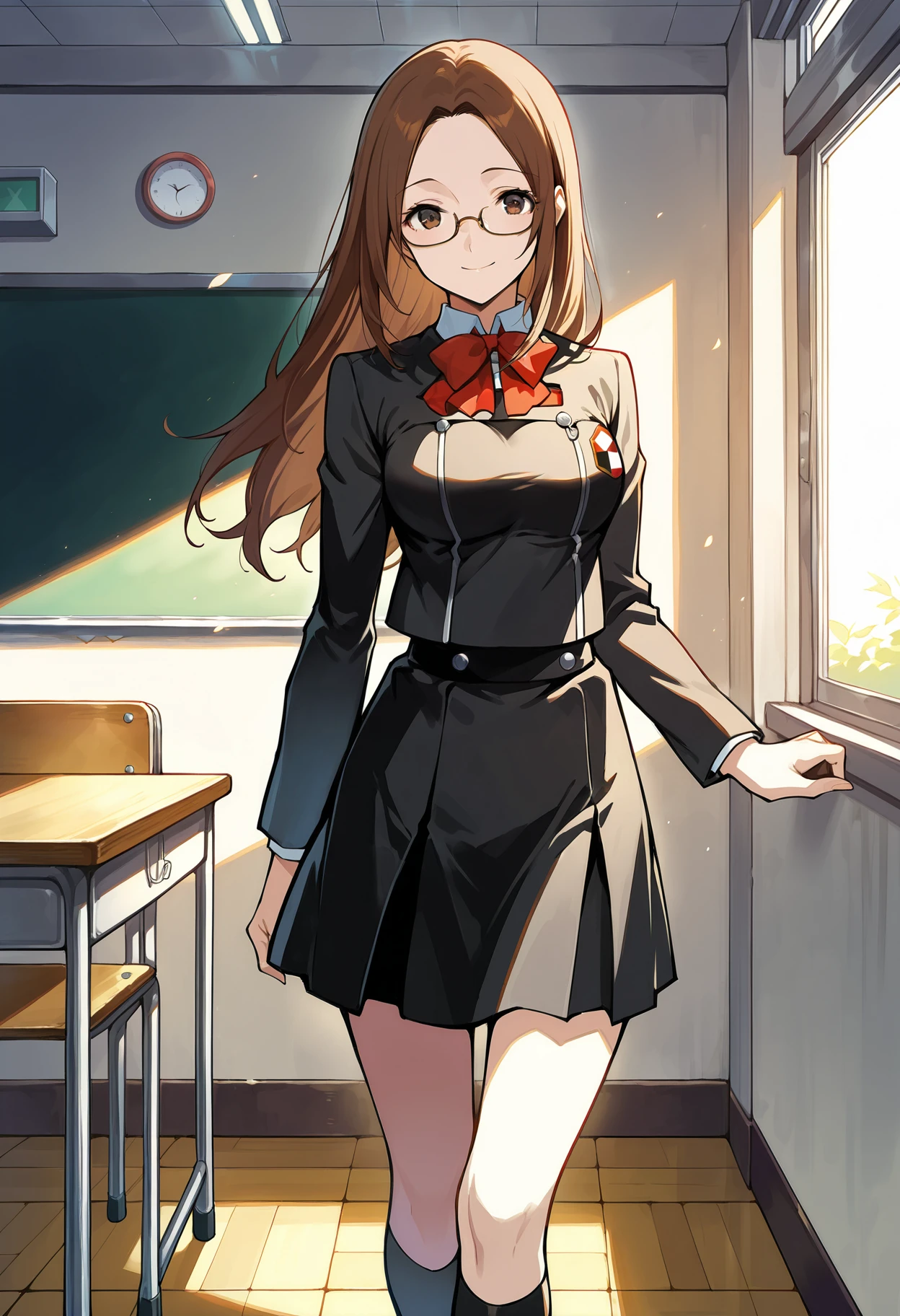 (masterwork, masterpiece, best quality, hyper-detailed :1.3),
1 girl, solo,
p3chihiro, long hair, brown hair, glasses, hair down
p3chihiro-winuni, school uniform, gekkoukan high school uniform, school emblem, bow, bowtie, red bow, jacket, black jacket, long sleeves, skirt, black skirt, socks, kneehighs,
classroom, standing, looking at viewer, smile,