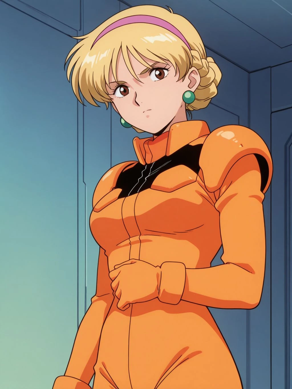 masterpiece, best quality, newest, absurdres, highres, detailed eyes, beautiful, detailed background, perfect eyes, anime coloring, anime screencap, 1990s \(style\), 1girl, solo, katejina loos. blonde hair, short hair, single bun, french braid, pink hairband, brown eyes, medium breasts, earrings, mecha pilot suit, orange bodysuit, long sleeves, orange gloves, looking at viewer, serious, (indoors) <lora:katejina_gdmv_pony-08:0.8>