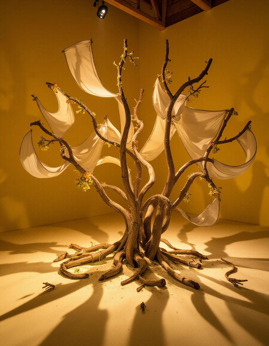 A kinetic sculpture mimicking the gentle sway of trees in the Hundred Acre Wood. Crafted from natural materials like wood and fabric, the branches move subtly to simulate a breeze. Warm, golden lighting casts dappled patterns, creating a serene and nostalgic atmosphere. The color scheme features earthy tones and soft yellows, reflecting the storybook illustrations.
<lora:ral-kntcscptr-flux:1>