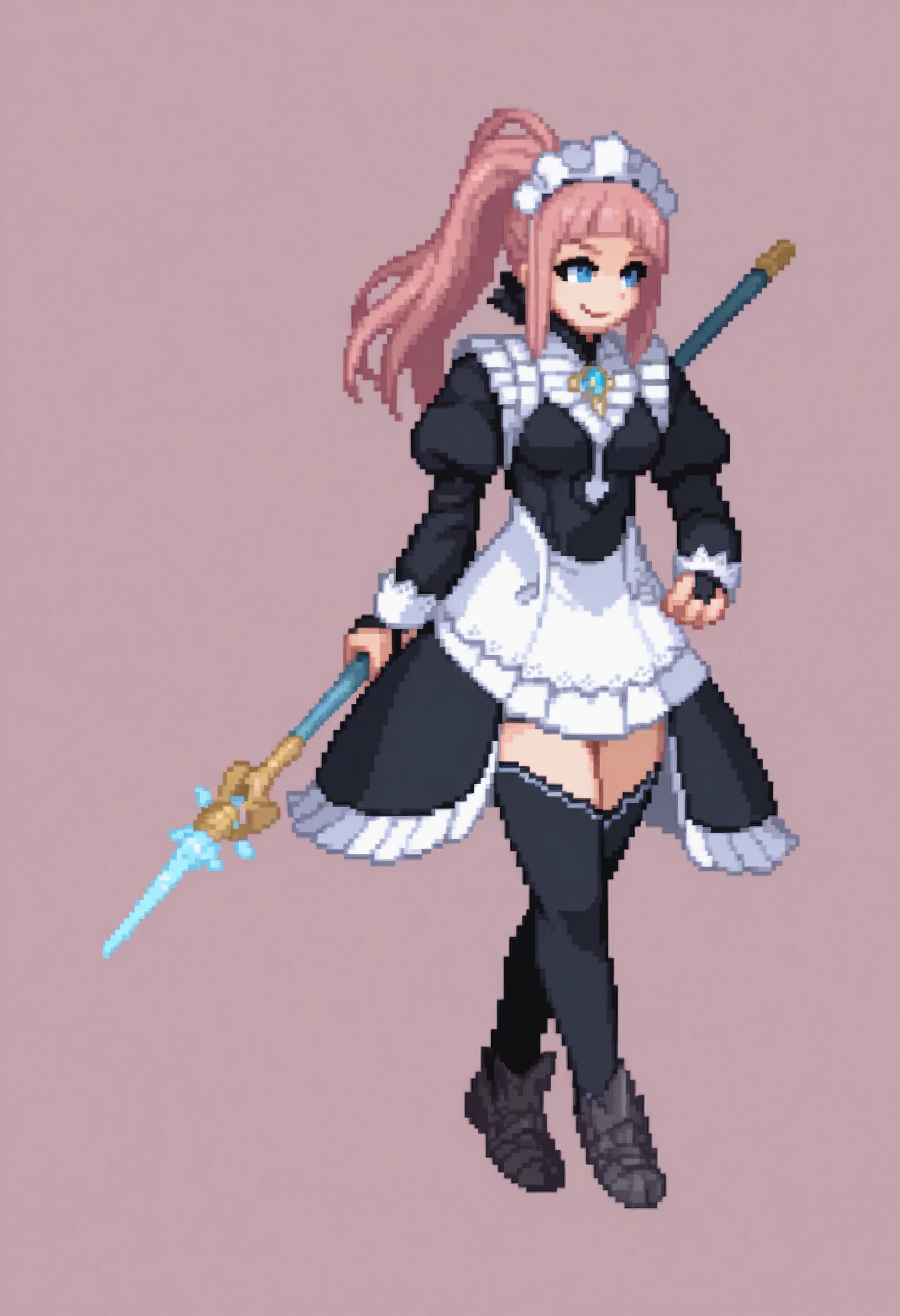 masterpiece, best quality, solo, 1girl, smile, looking at viewer, <lora:Melty-Blood-Sprites-illus_Fp:1>, pixel art, full body, simple background, <lora:felicia-fe-richy-v1_ixl:1>, f1cdf, blue eyes, pink hair, long hair, ponytail, sidelocks, blunt bangs, maid headdress, black feathered collar, blue brooch, medium breasts, maid, juliet sleeves, maid apron, bridal gauntlets, black thighhighs, thighs, holding staff,