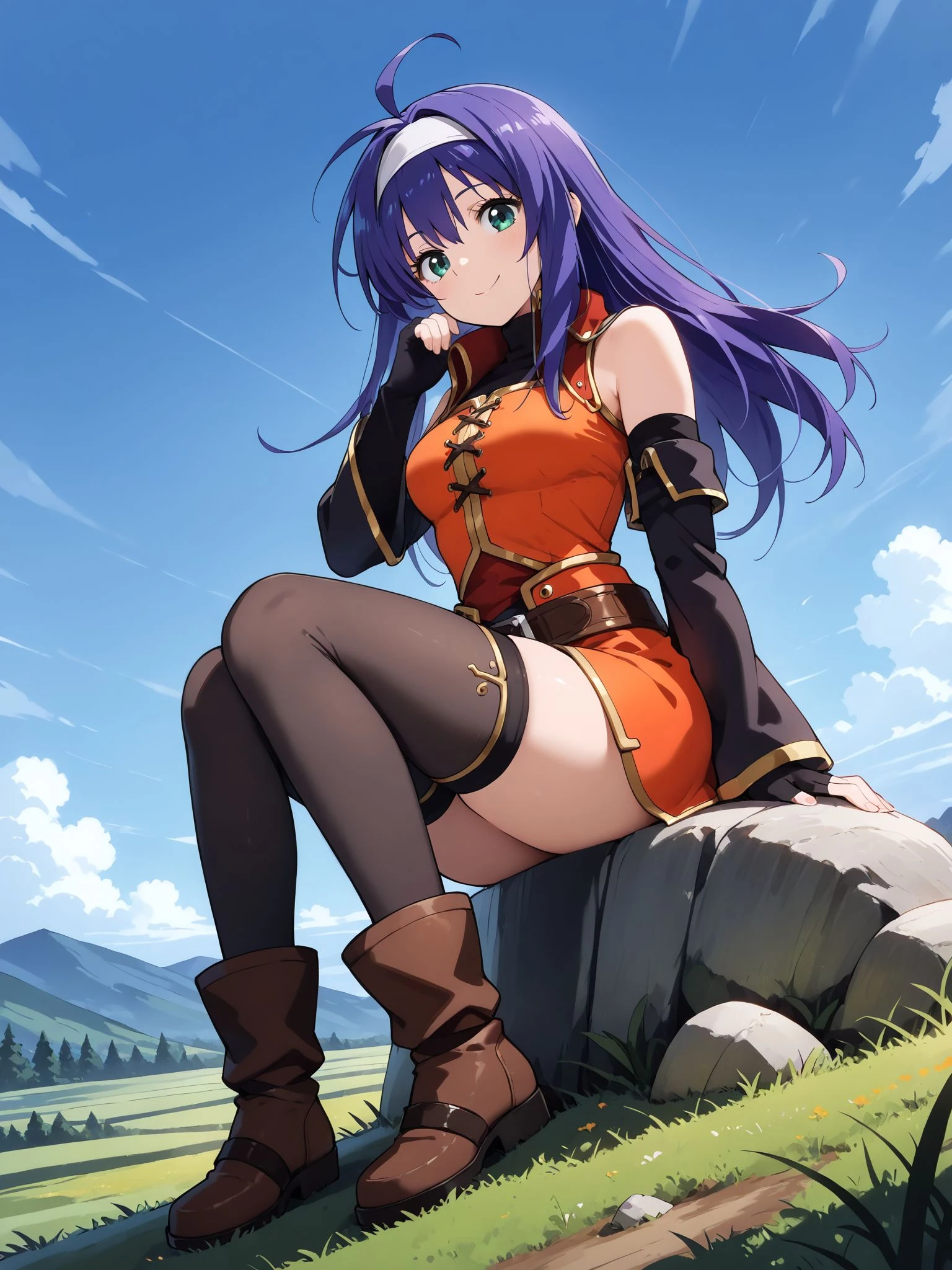 masterpiece,best_quality,1girl,solo,<lora:mia ferd_illustriousXL:0.8>,mia ferd,white hairband,detached sleeves,fingerless gloves,orange dress,sleeveless turtleneck,black shirt,belt,thighhighs,boots,full body,sitting,on rock,smile,grass,blue sky,looking at viewer,