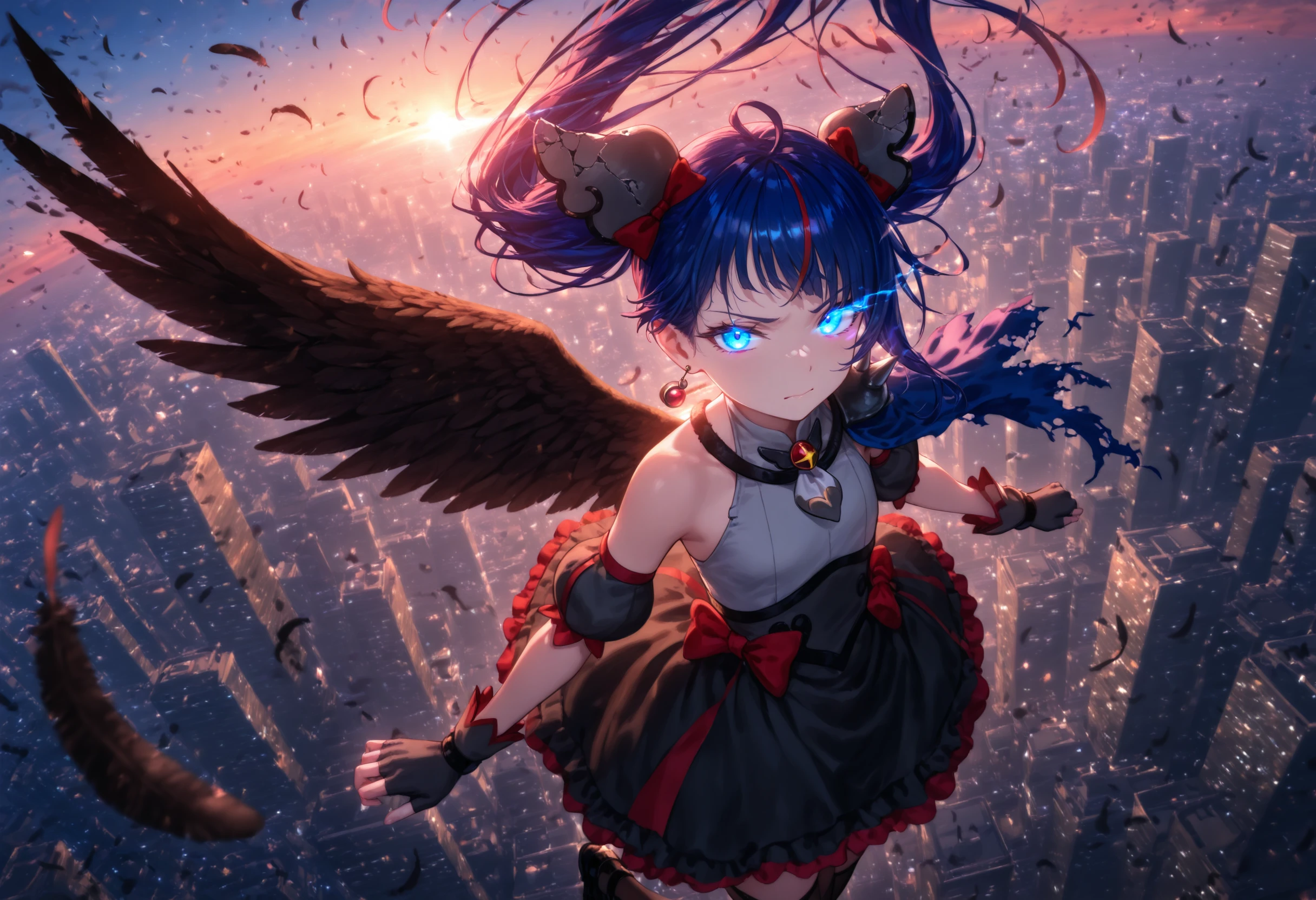 1girl, curesky-dark, general,
broken hair ornament, single earring,
brooch, grey dress, puffy detached sleeves, single wing, bare shoulders, spikes, torn cape,
black fingerless gloves,
black skirt, red bow,
black thighhighs, black footwear,
flat chest, dark blue hair,
blue eyes, glowing eye,
sneer:1.1, narrowed eyes, closed mouth, looking at viewer,
high angle view, close-up, cowboy shot,
falling, falling from sky, floating hair, wind,
(dark theme:1.2, magnificent viewer, panorama, horizon, skyscraper, sunset sky, feathers), lens flare,
masterpiece, best quality, amazing quality, newest
<lora:ill_curesky-dark:1>